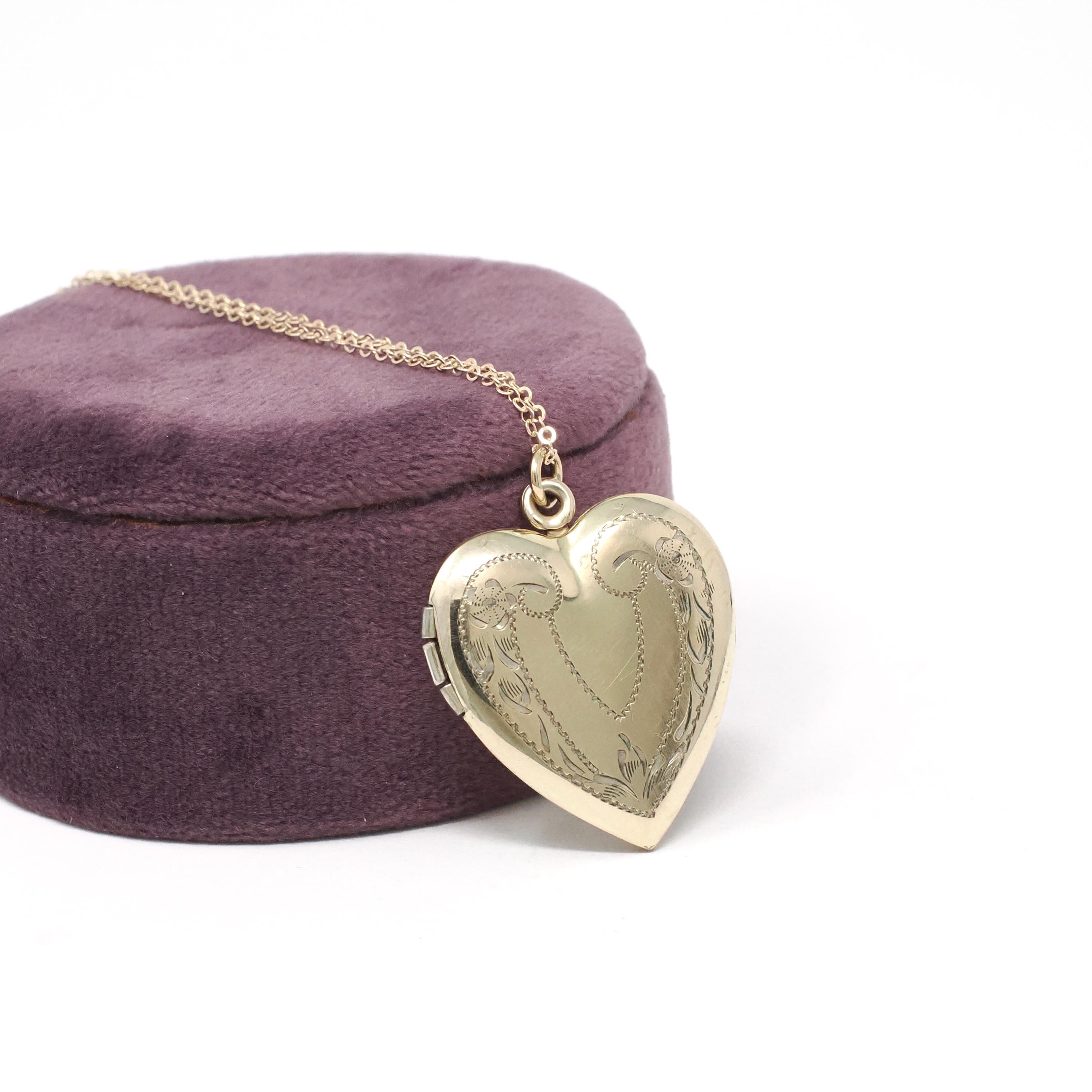 Vintage Heart Locket - Mid Century Gold Filled On Sterling Engraved Flowers Designs Pendant Necklace - Circa 1940s Floral Statement Jewelry