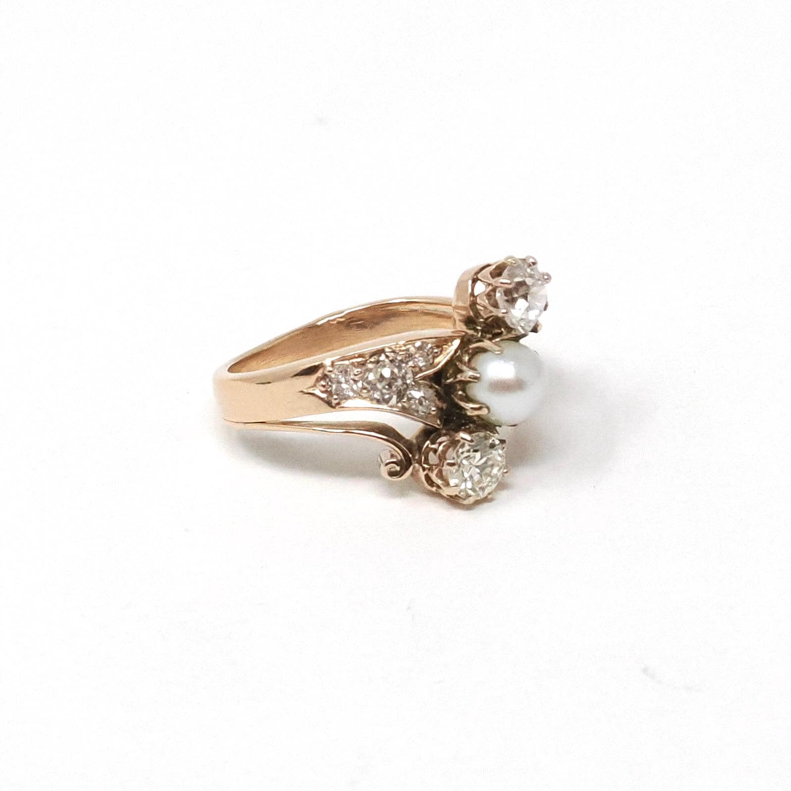 Victorian Bypass Ring - Antique 14k Rosy Yellow Gold Natural Diamonds & Cultured Pearl - Circa 1890s Era Size 3 3/4 Three Stone Fine Jewelry