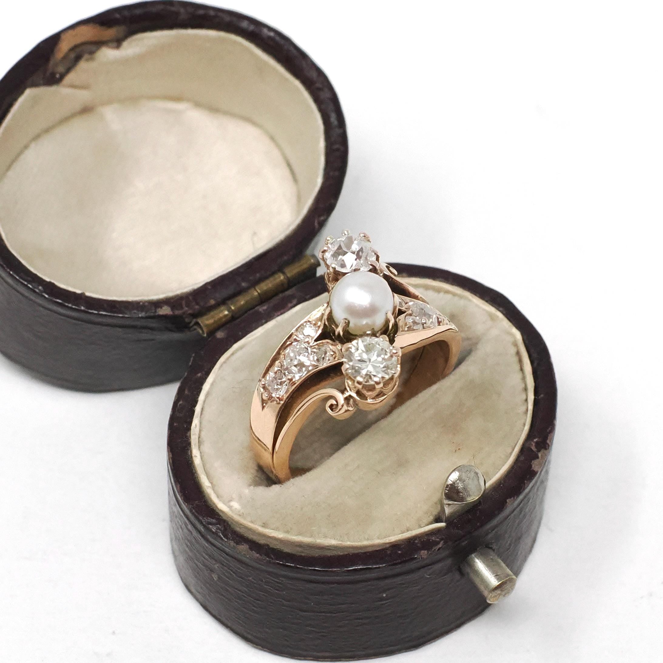 Victorian Bypass Ring - Antique 14k Rosy Yellow Gold Natural Diamonds & Cultured Pearl - Circa 1890s Era Size 3 3/4 Three Stone Fine Jewelry
