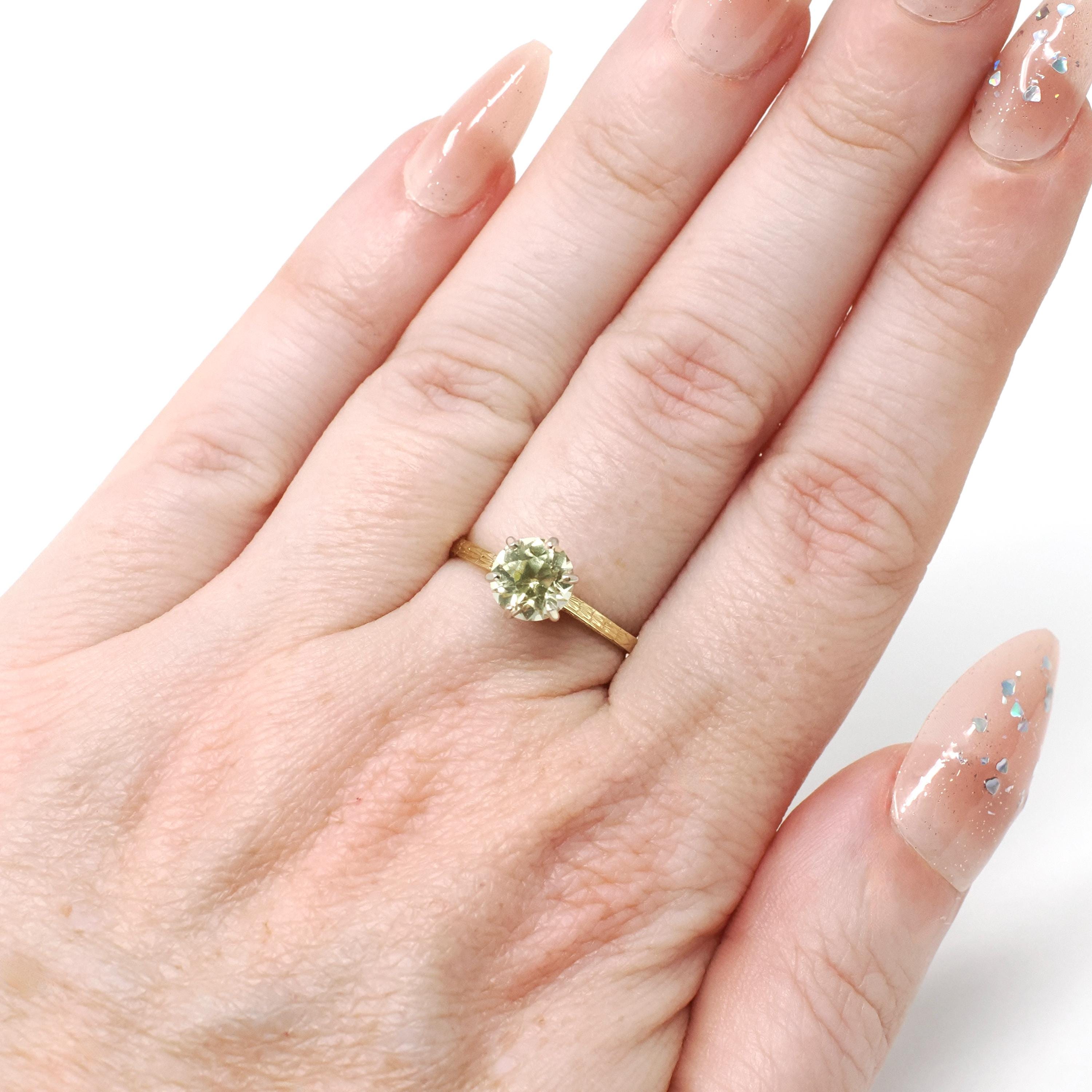 Art Deco Solitaire Engagement Ring - Vintage 18k Yellow & White Gold Tall Prong Created Green Sapphire Gem - Circa 1930s Size 5 1/4 Jewelry
