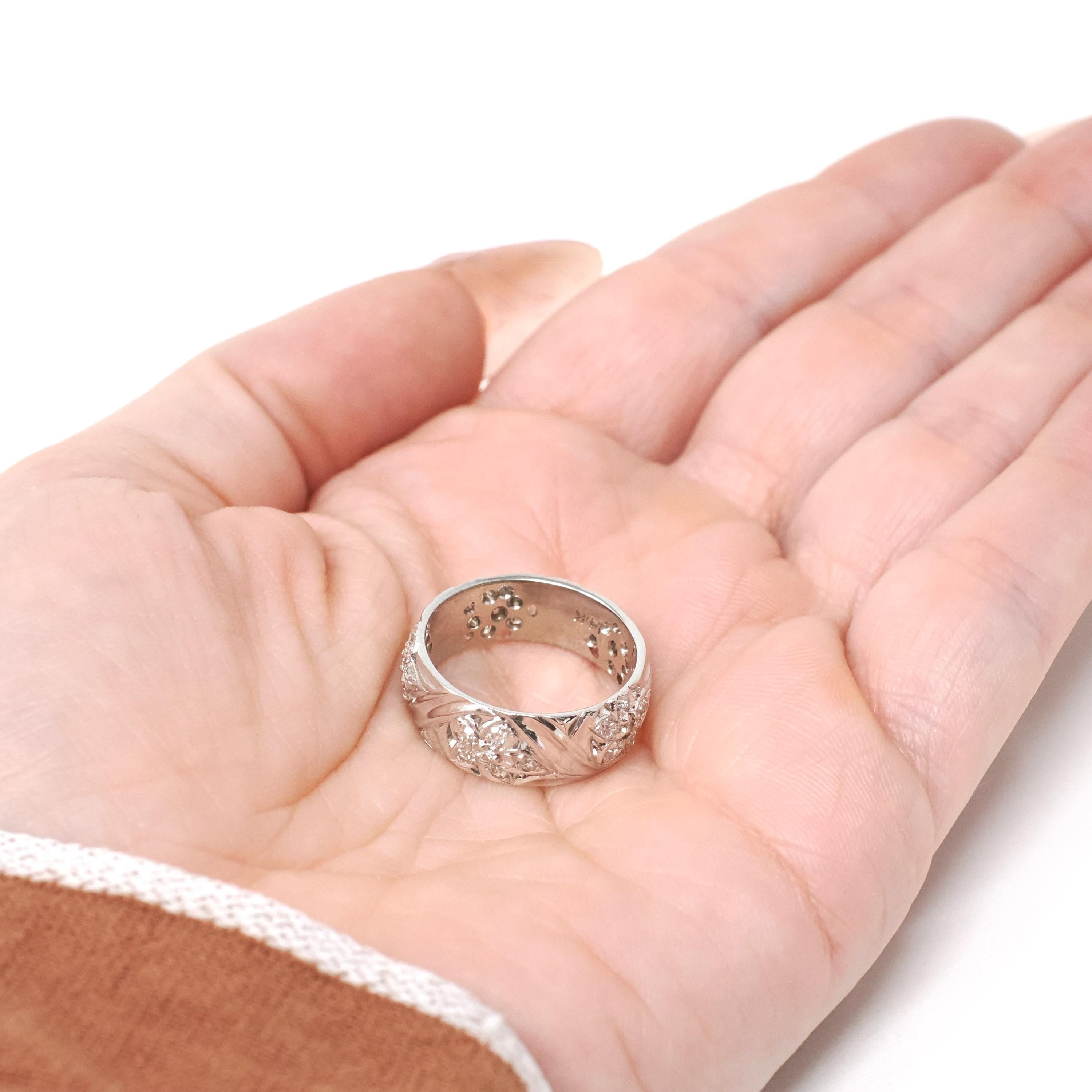 Diamond Cigar Band - Vintage 14k White Gold .53 CTW Wide Pierced Flower Ring - Mid Century Circa 1950s Era Size 6 1/4 Unisex Fine Jewelry