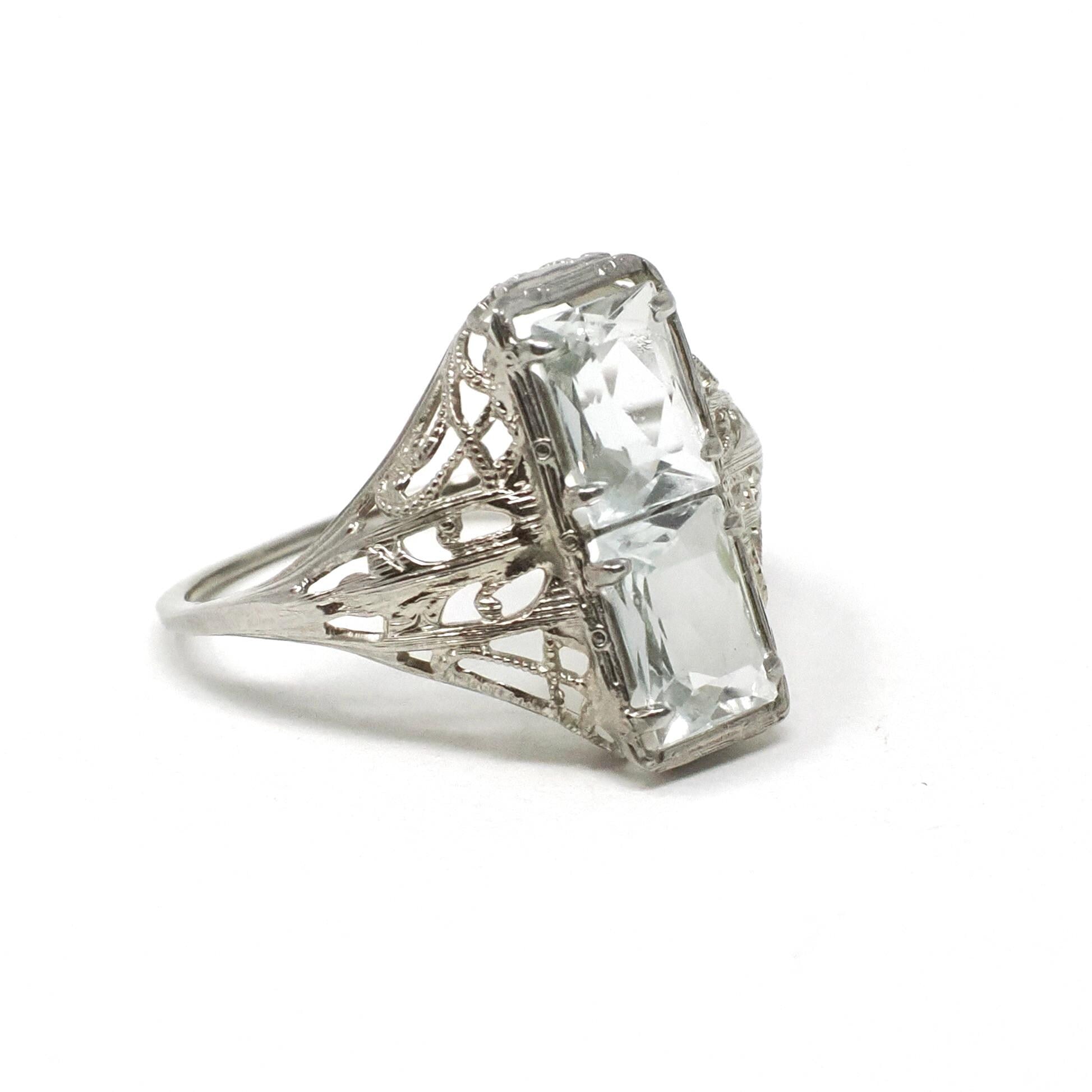 Vintage Aquamarine Ring - Art Deco 14k White Gold Natural Blue Hourglass Stacked Gemstones - Circa 1930s Era Size 6.5 Filigree Fine Jewelry