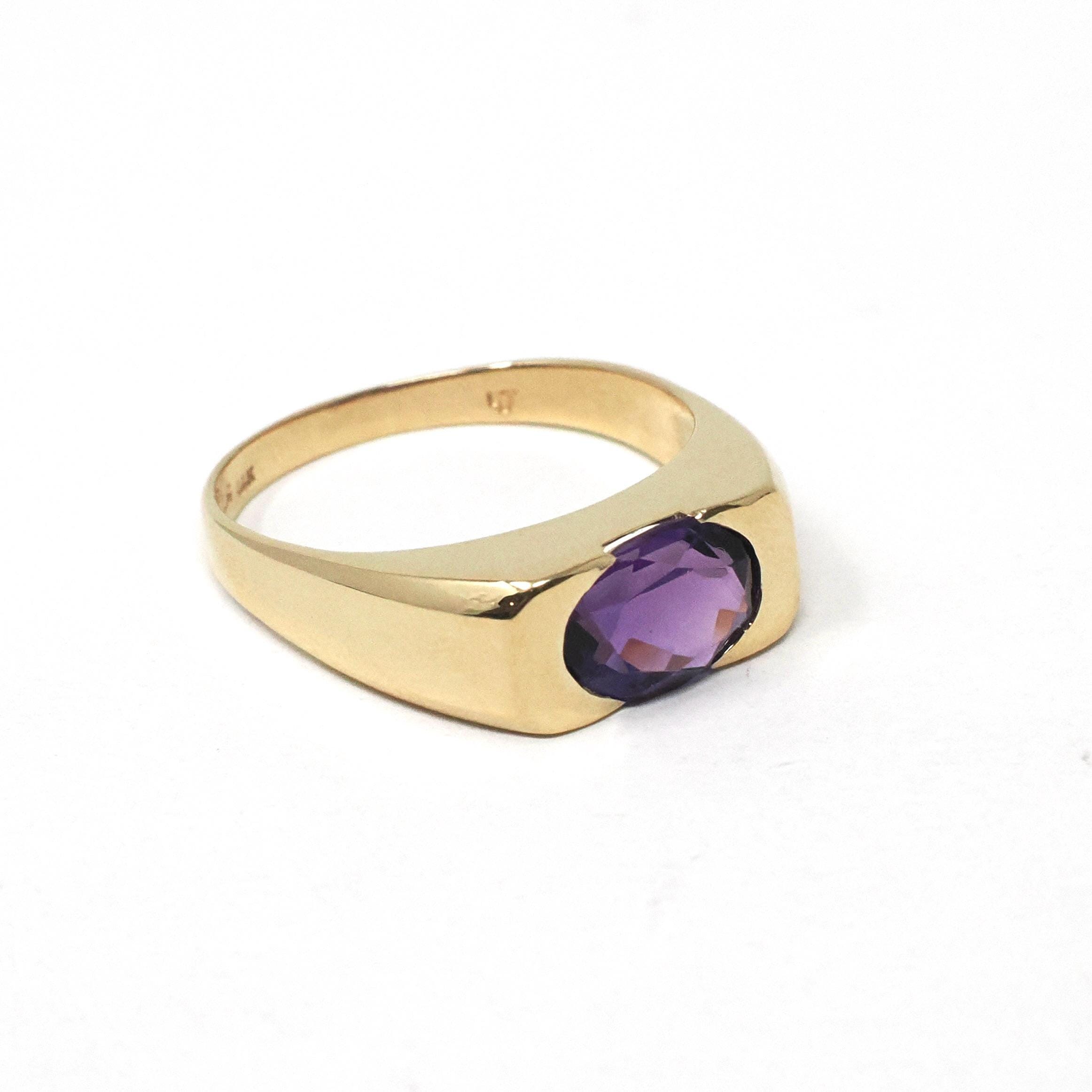 Modern Amethyst Ring - Estate 14k Yellow Gold Natural Purple Gemstone East West Half Bezel - 2000s Era Size 7.75 February Birthstone Jewelry