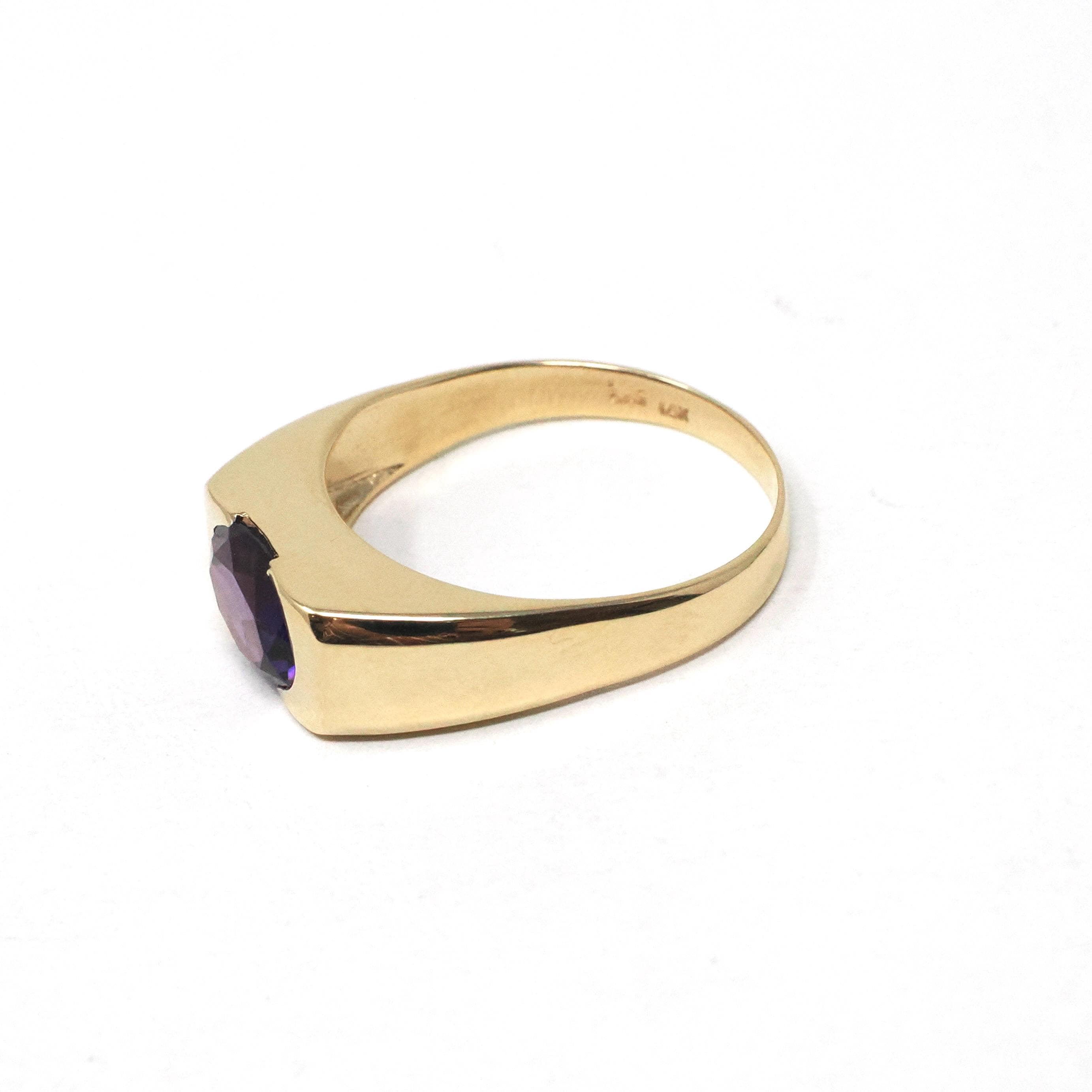 Modern Amethyst Ring - Estate 14k Yellow Gold Natural Purple Gemstone East West Half Bezel - 2000s Era Size 7.75 February Birthstone Jewelry