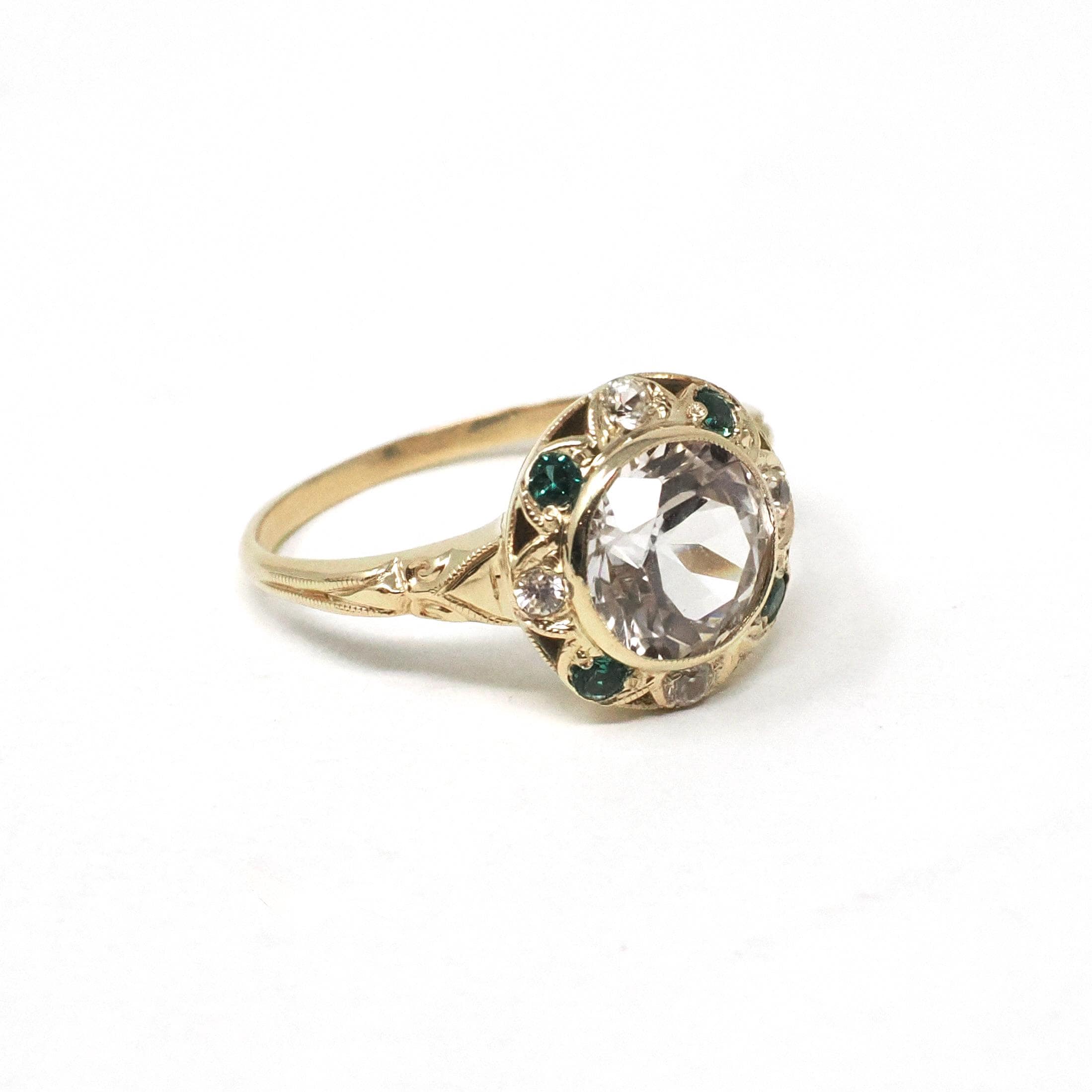 Vintage Style Halo Ring - Modern 10k Yellow Gold Created White Sapphire Zircon Green Emerald Cluster Milgrain - Estate Size 6 1/4 Jewelry