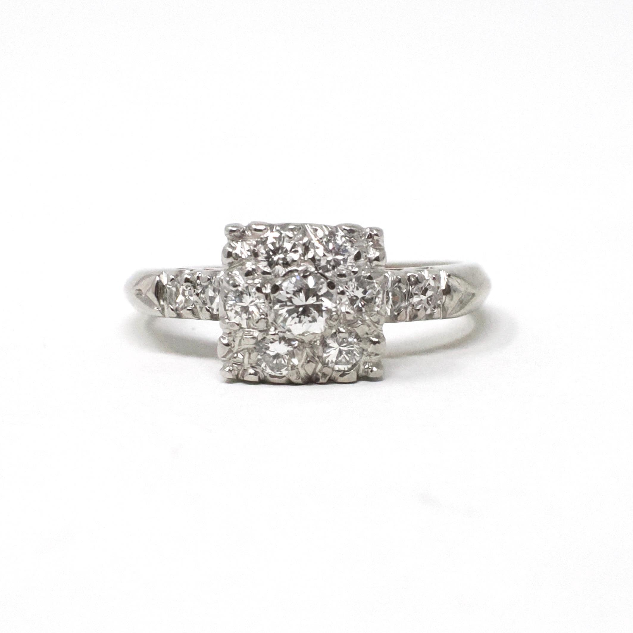 Diamond Cluster Ring - Mid Century 14k White Gold 1/2 CTW Natural Gemstones - Vintage Circa 1950s Era Size 5 3/4 Cocktail Fine Halo Jewelry