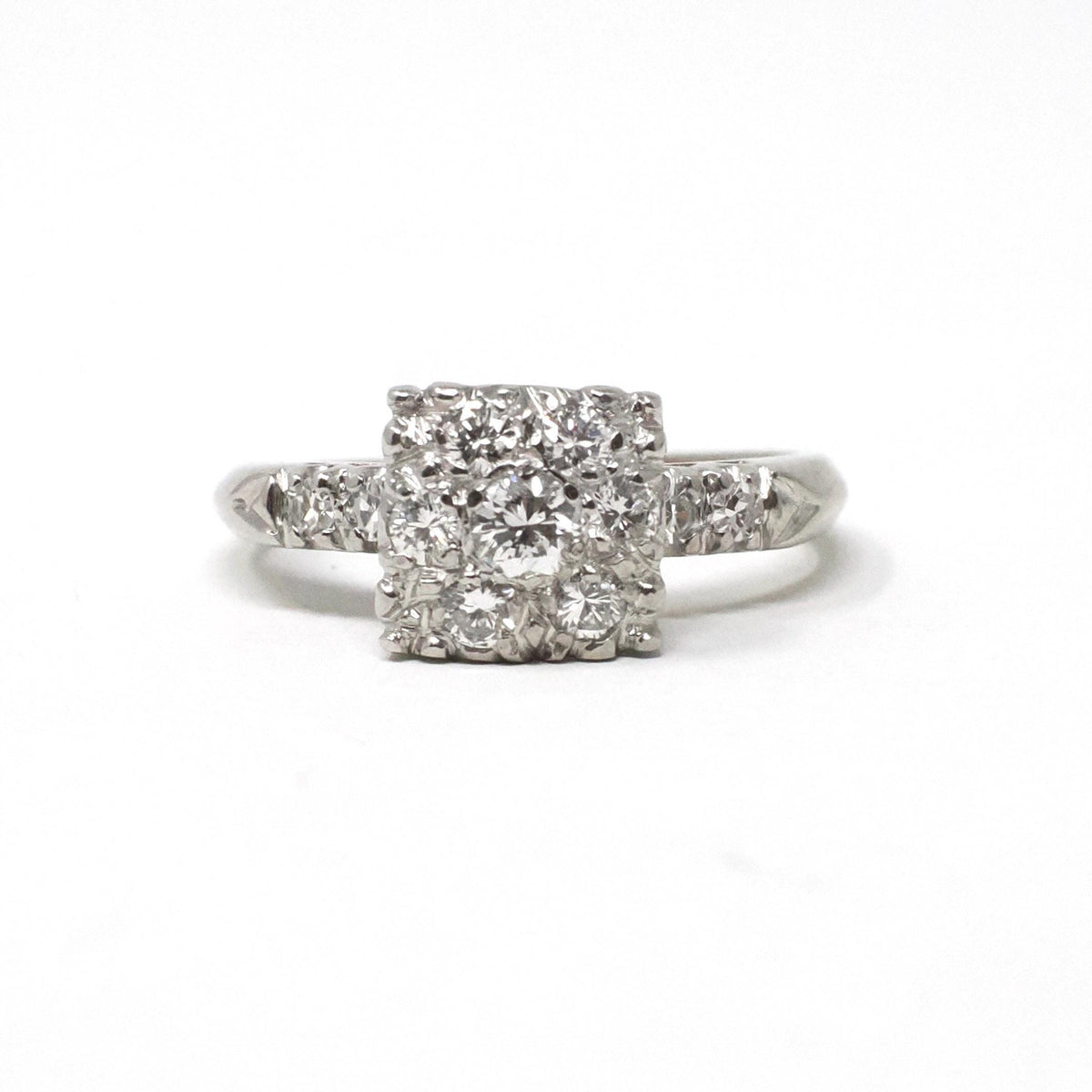 Diamond Cluster Ring - Mid Century 14k White Gold 1/2 CTW Natural Gemstones - Vintage Circa 1950s Era Size 5 3/4 Cocktail Fine Halo Jewelry