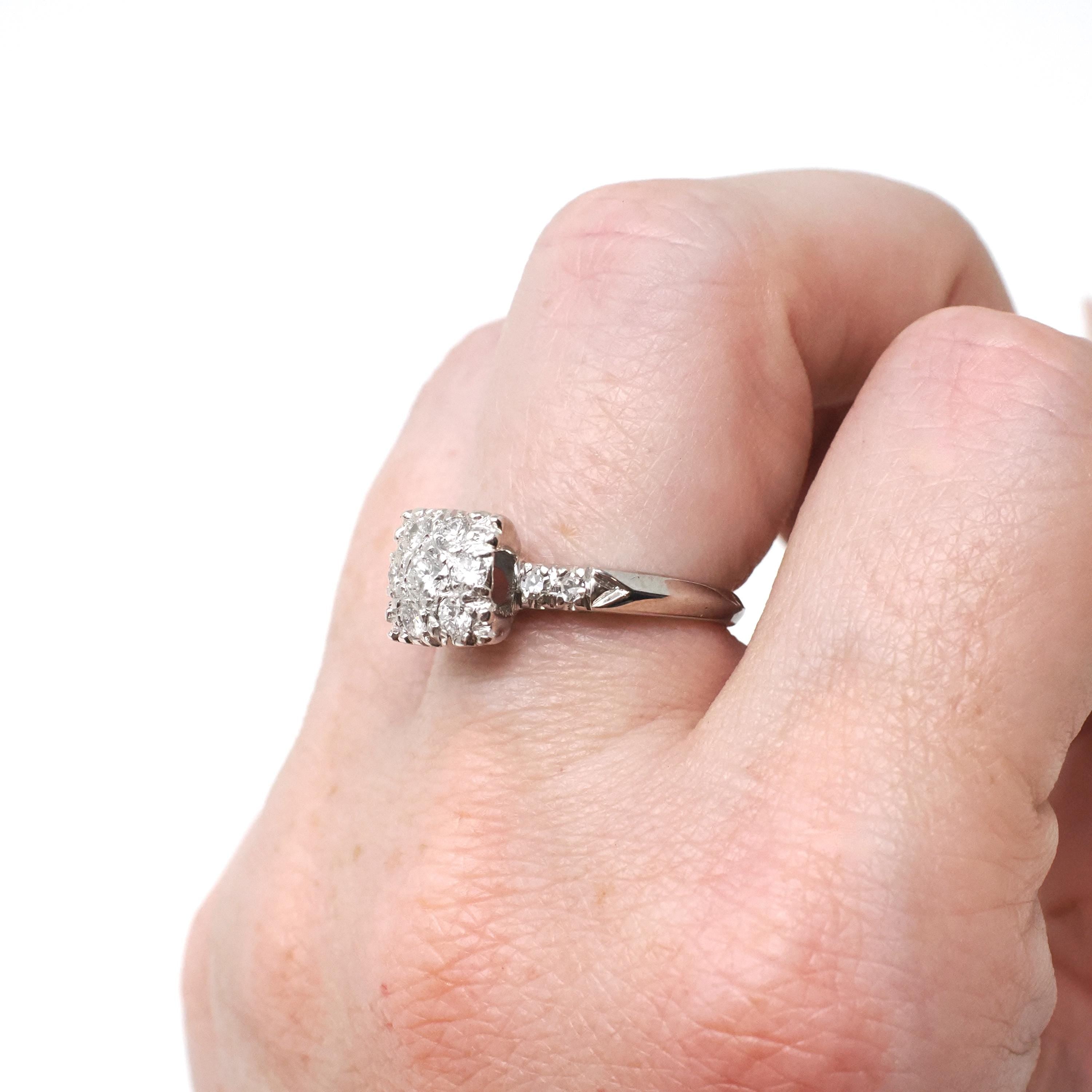 Diamond Cluster Ring - Mid Century 14k White Gold 1/2 CTW Natural Gemstones - Vintage Circa 1950s Era Size 5 3/4 Cocktail Fine Halo Jewelry