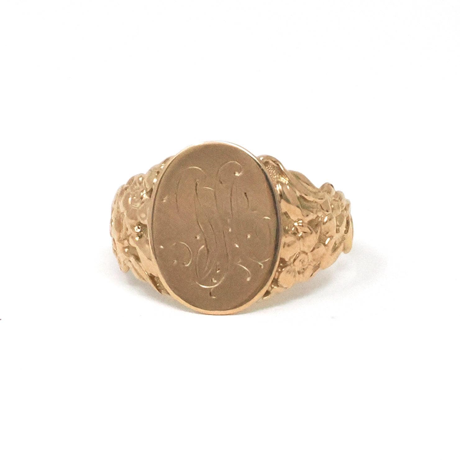 Edwardian Signet Ring - Antique 10k Rosy Yellow Gold Script Initial M Engraved Monogram - Art Nouveau 1910's Era Size 12 Fine Scroll Jewelry