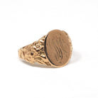Edwardian Signet Ring - Antique 10k Rosy Yellow Gold Script Initial M Engraved Monogram - Art Nouveau 1910's Era Size 12 Fine Scroll Jewelry