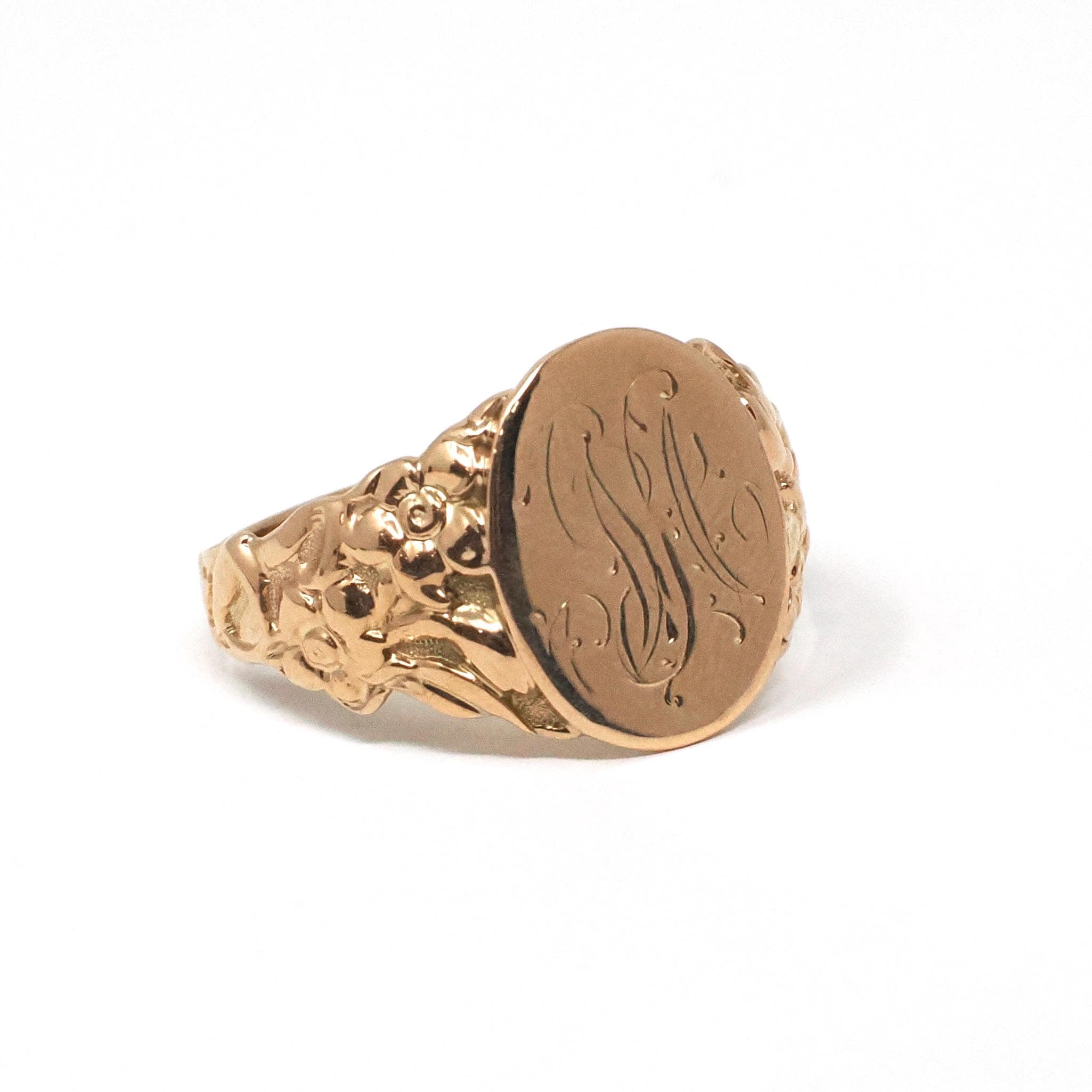 Edwardian Signet Ring - Antique 10k Rosy Yellow Gold Script Initial M Engraved Monogram - Art Nouveau 1910's Era Size 12 Fine Scroll Jewelry