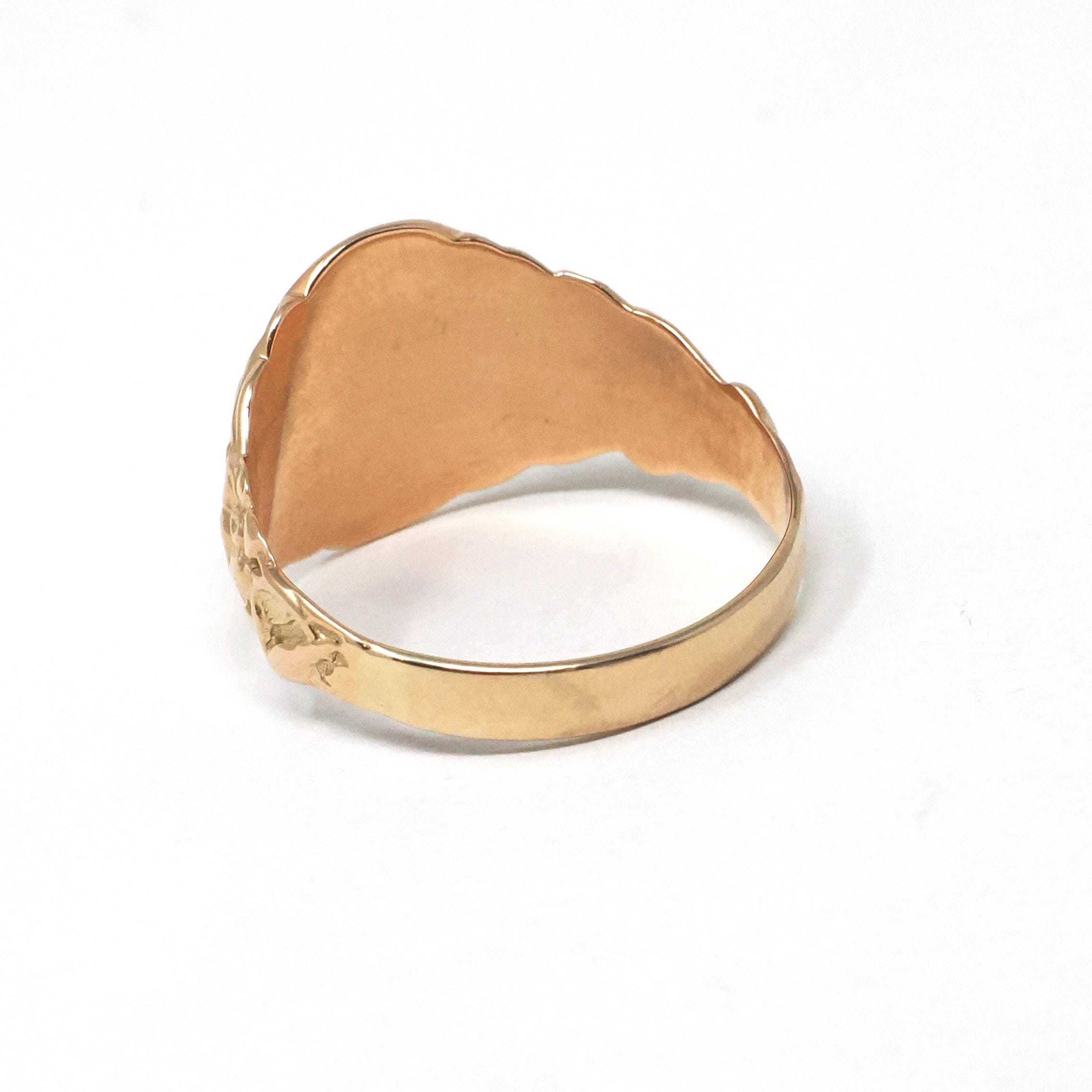 Edwardian Signet Ring - Antique 10k Rosy Yellow Gold Script Initial M Engraved Monogram - Art Nouveau 1910's Era Size 12 Fine Scroll Jewelry