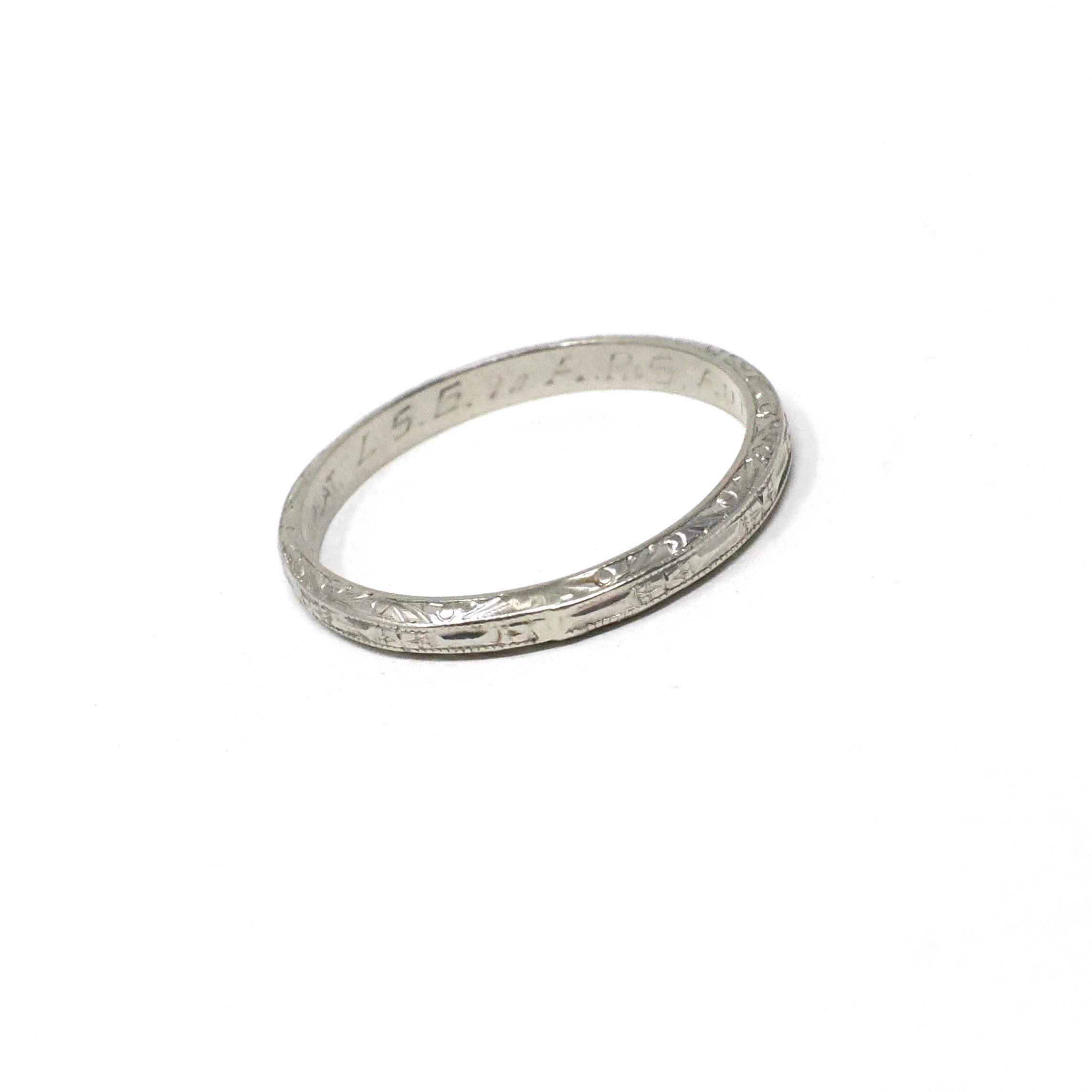 Vintage Wedding Band - Art Deco Era Platinum Engraved Flower Milgrain 2.1 MM Eternity Ring - Dated 1937 Size 4.75 Bridal Floral Fine Jewelry