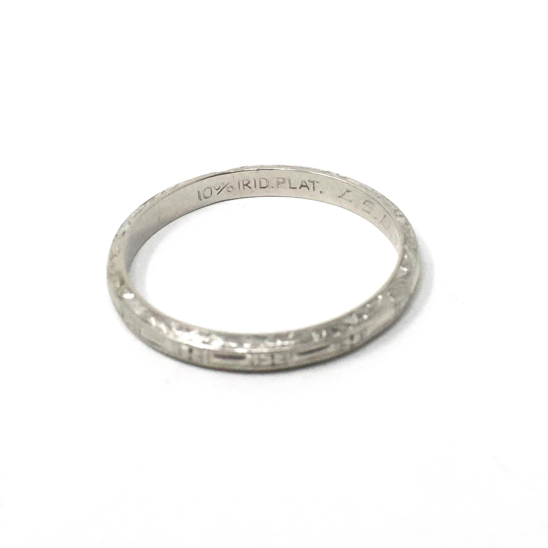 Vintage Wedding Band - Art Deco Era Platinum Engraved Flower Milgrain 2.1 MM Eternity Ring - Dated 1937 Size 4.75 Bridal Floral Fine Jewelry