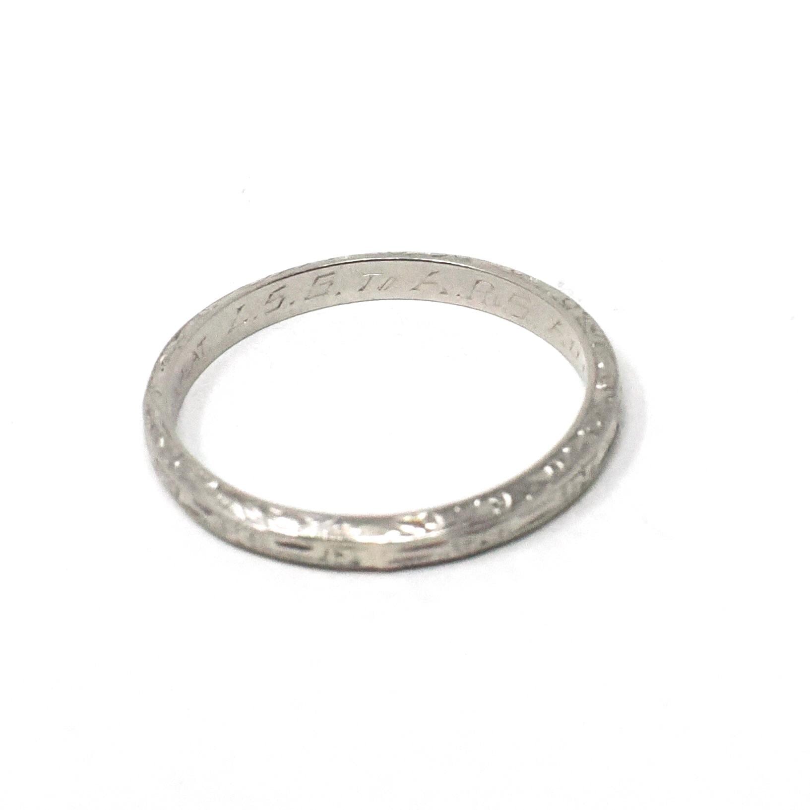 Vintage Wedding Band - Art Deco Era Platinum Engraved Flower Milgrain 2.1 MM Eternity Ring - Dated 1937 Size 4.75 Bridal Floral Fine Jewelry