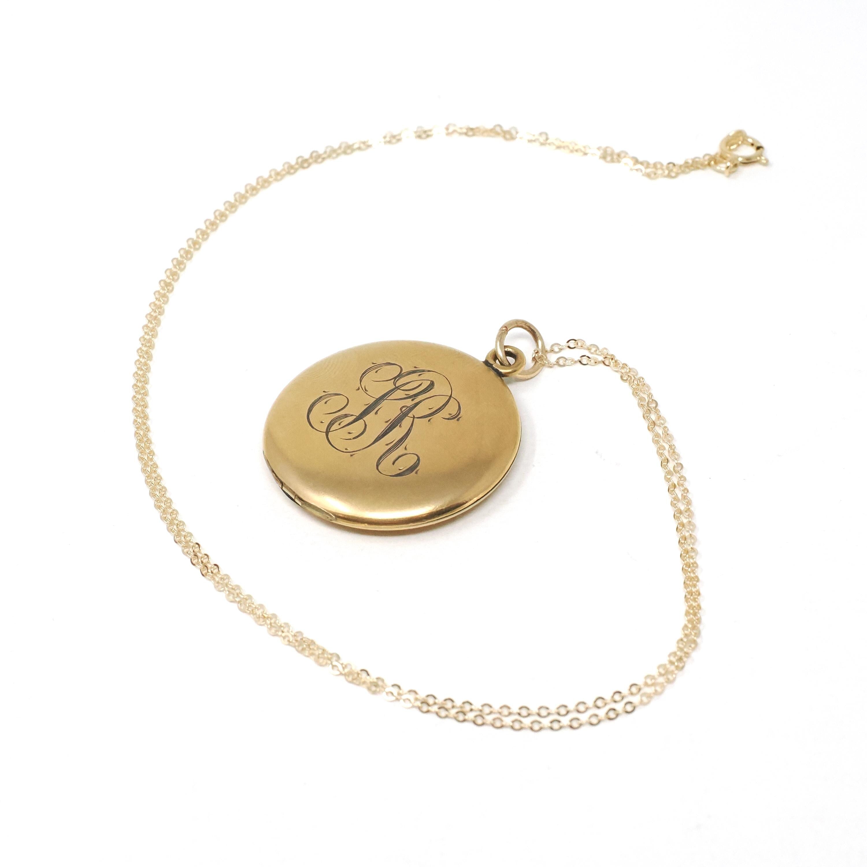 Antique "SR" & "AD" Locket - Edwardian Gold Filled Round Engraved Photo Pendant Necklace - Circa 1900s Two Side Photograph Keepsake Jewelry