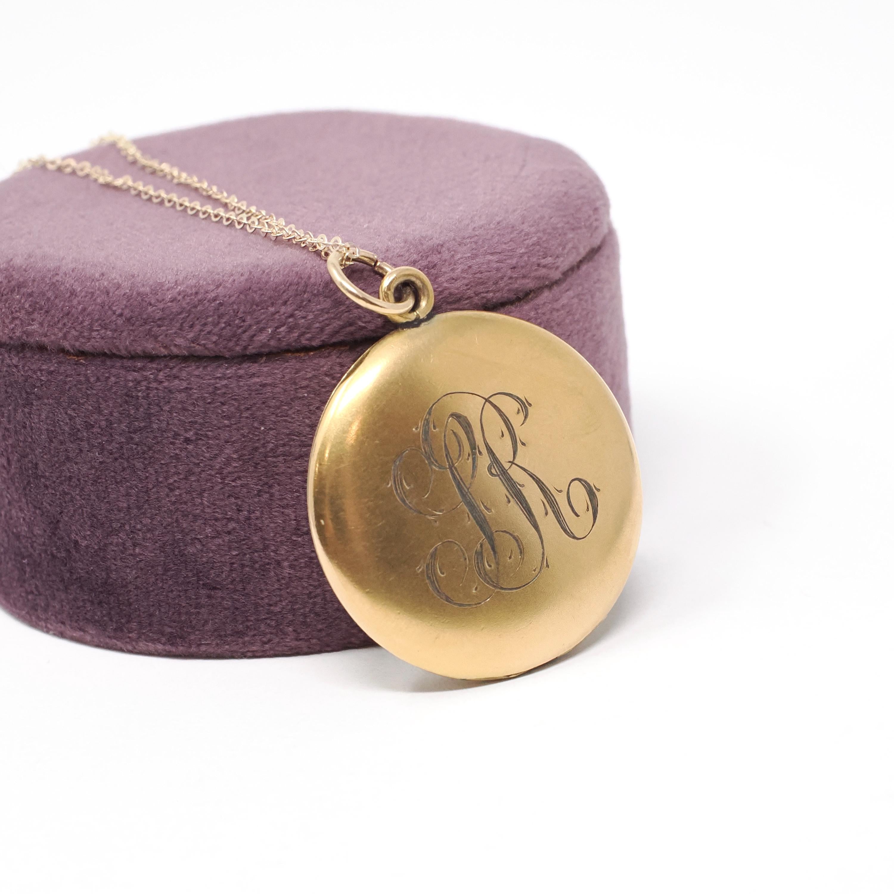 Antique "SR" & "AD" Locket - Edwardian Gold Filled Round Engraved Photo Pendant Necklace - Circa 1900s Two Side Photograph Keepsake Jewelry