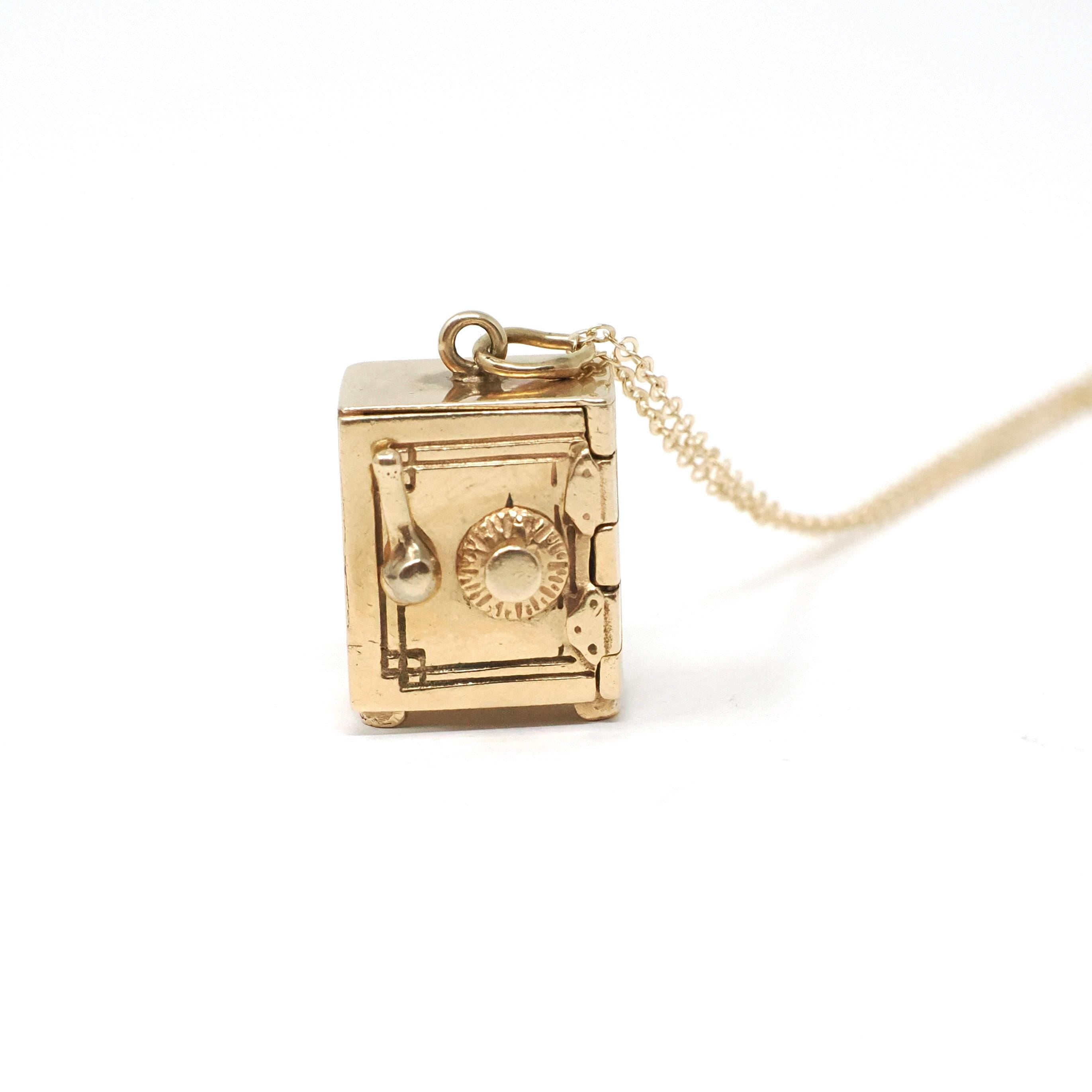 Vintage Money Safe Charm - Mid Century 14k Yellow Gold Vault Pendant Necklace - Circa 1950s Era Dollar Bill Locket Fine Financial Jewelry