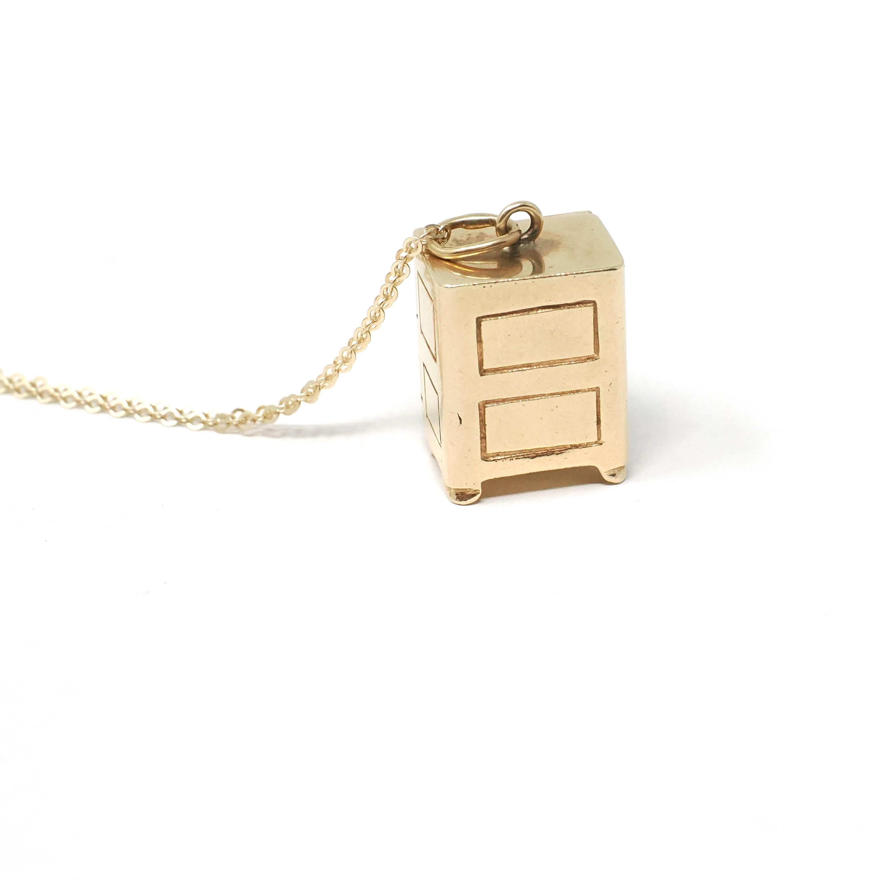 Vintage Money Safe Charm - Mid Century 14k Yellow Gold Vault Pendant Necklace - Circa 1950s Era Dollar Bill Locket Fine Financial Jewelry