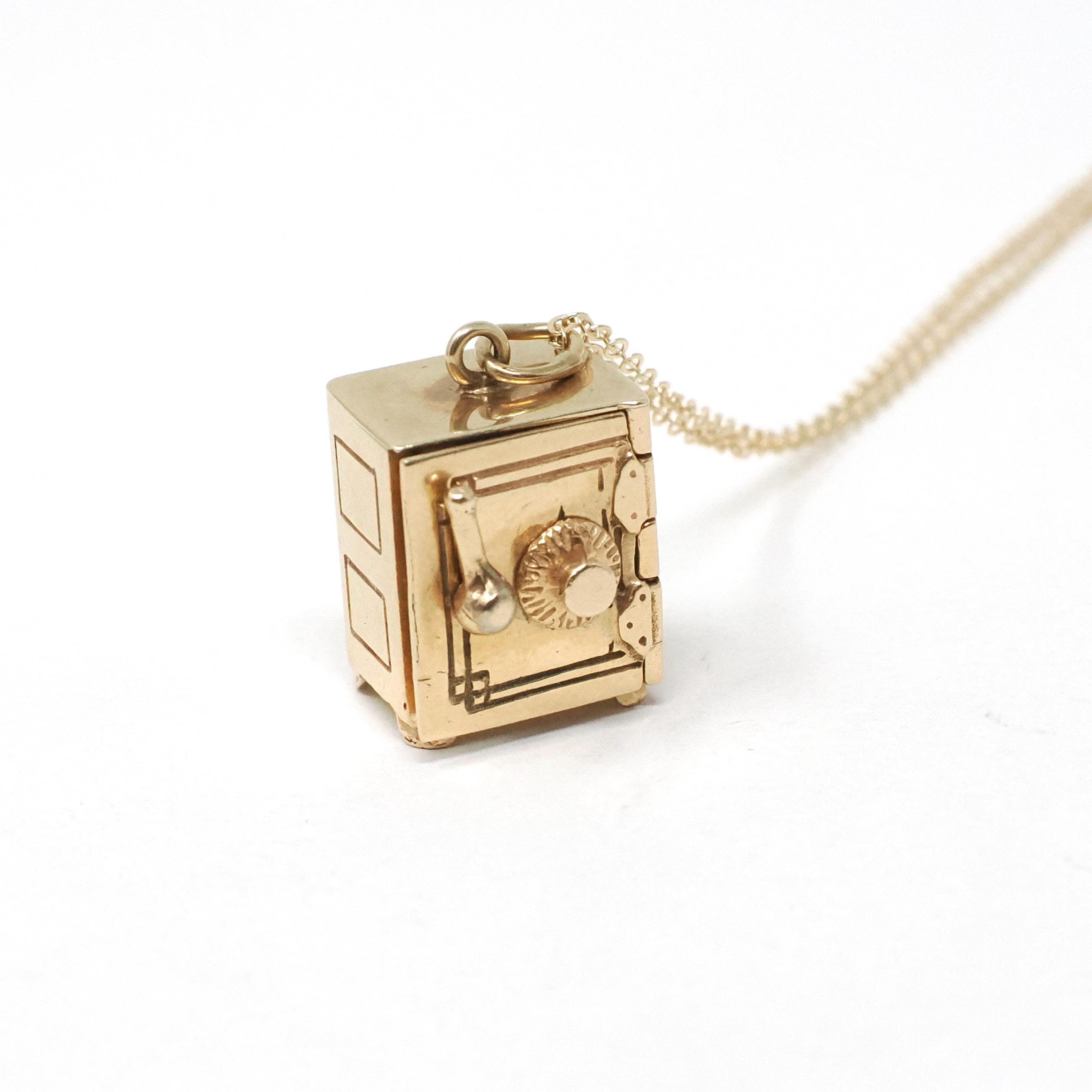 Vintage Money Safe Charm - Mid Century 14k Yellow Gold Vault Pendant Necklace - Circa 1950s Era Dollar Bill Locket Fine Financial Jewelry
