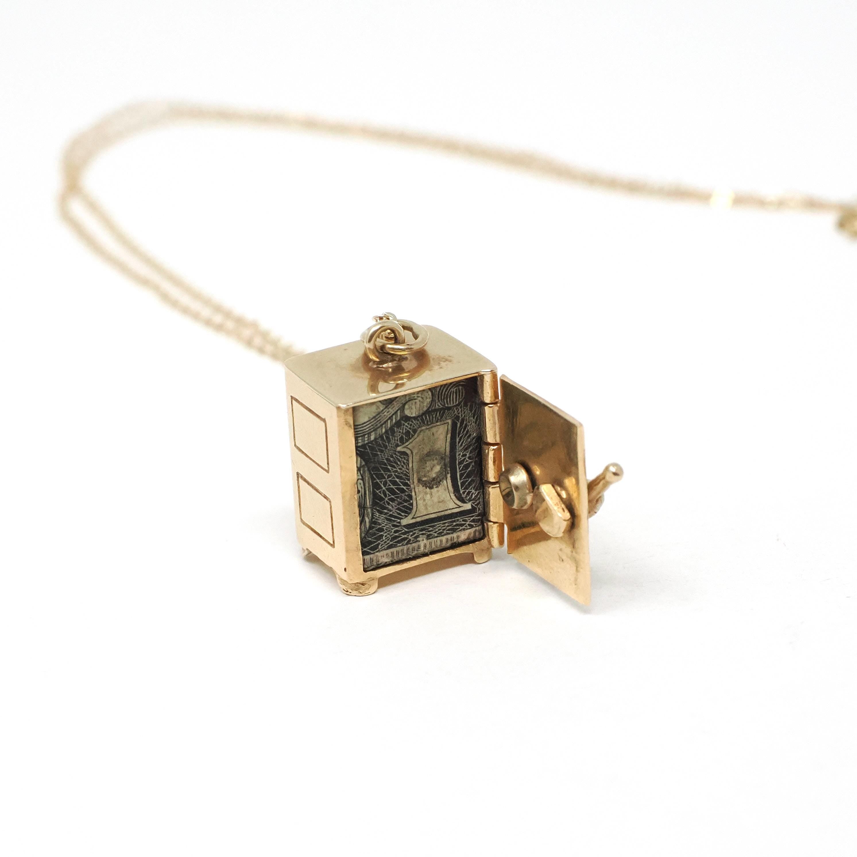 Vintage Money Safe Charm - Mid Century 14k Yellow Gold Vault Pendant Necklace - Circa 1950s Era Dollar Bill Locket Fine Financial Jewelry