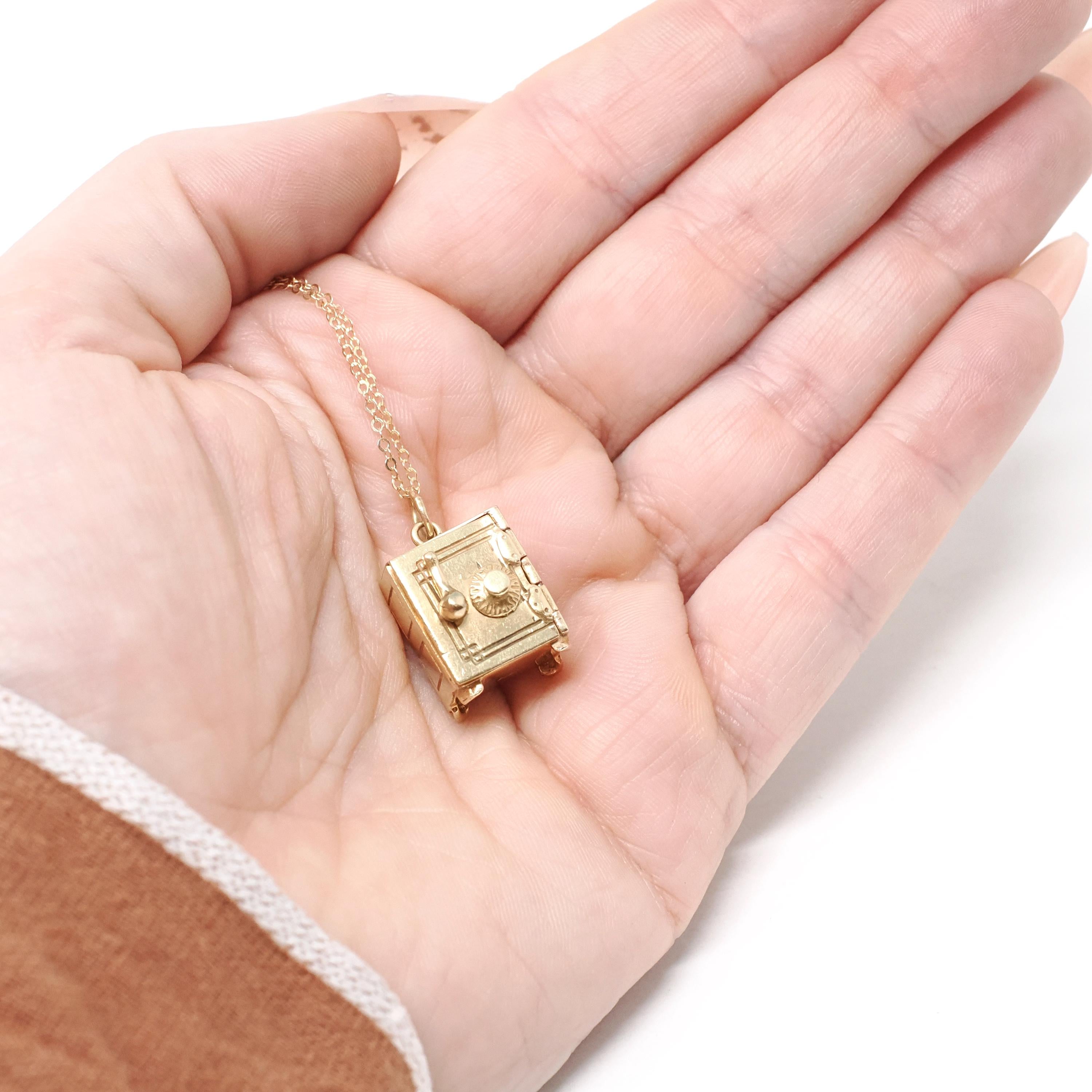 Vintage Money Safe Charm - Mid Century 14k Yellow Gold Vault Pendant Necklace - Circa 1950s Era Dollar Bill Locket Fine Financial Jewelry