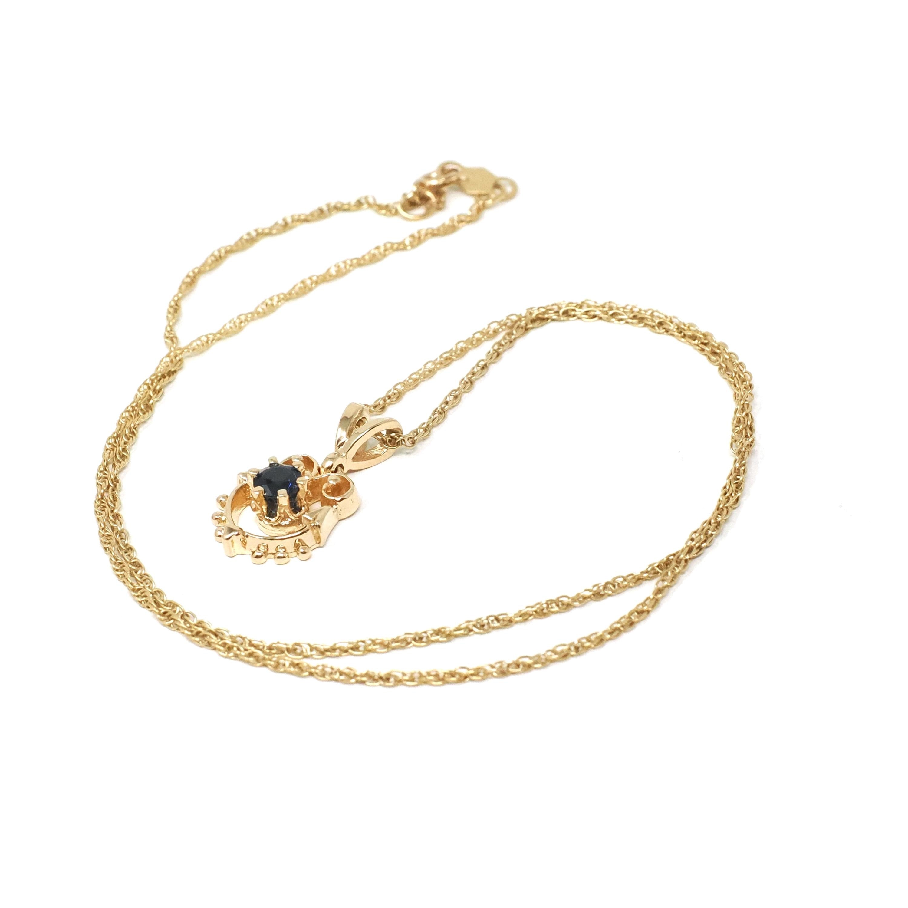 Modern Sapphire Charm - Estate 14k Yellow Gold Natural Blue Gemstone Pendant Necklace - Circa 2000s Era Dainty Open Metal Gem Fine Jewelry