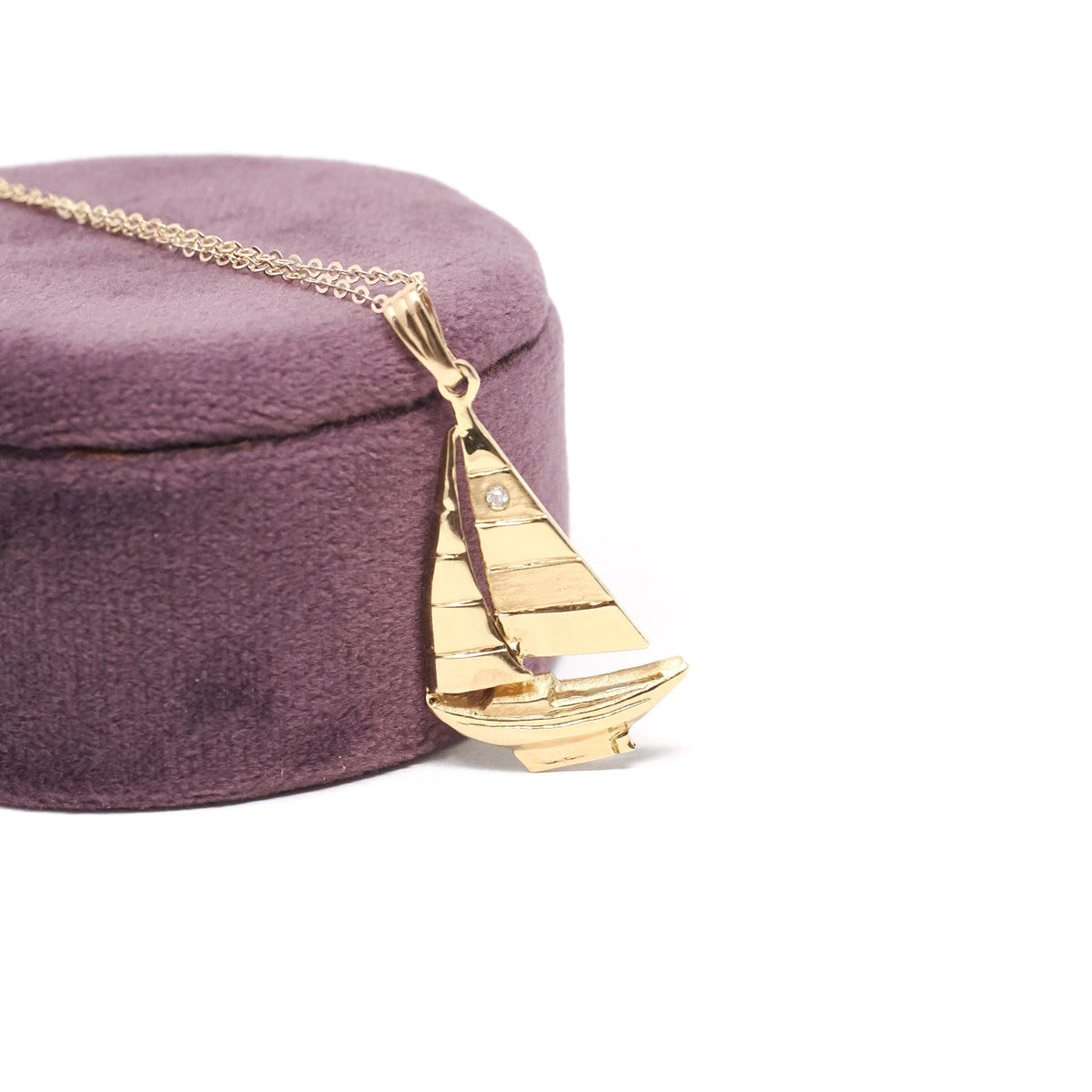 Diamond Sailboat Pendant - Estate 14k Yellow Gold Natural Gemstone Necklace Charm - Modern 2000's Era Sailing Boating Nautical Fine Jewelry