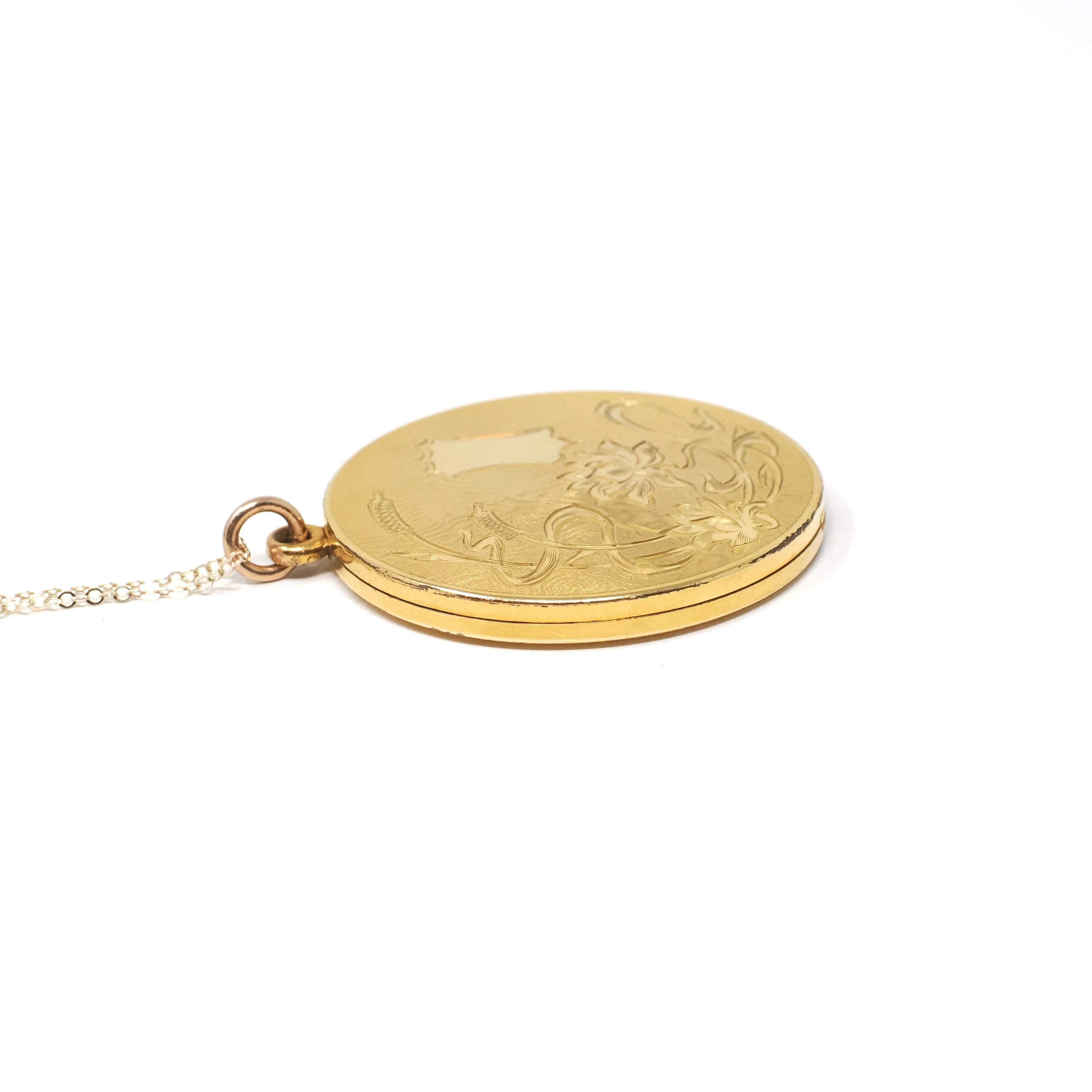 Antique Photo Locket - Edwardian Era Gold Filled Flower Design Round Fob Necklace - Patented 1903 Keepsake Floral Signed RBM Atrice Jewelry