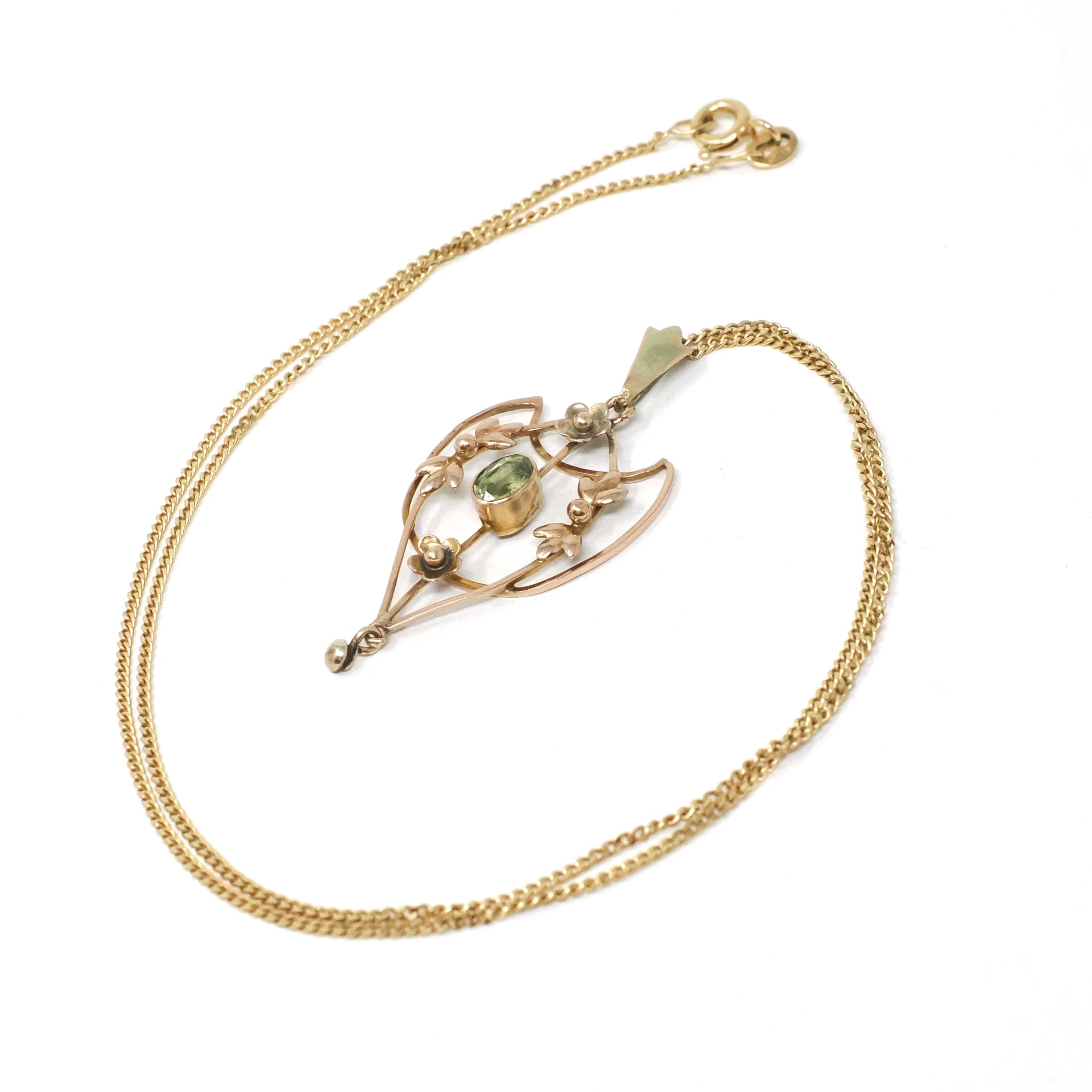 Antique Peridot Lavalier - Edwardian Era 9k Yellow Gold Natural Green Gemstone Pendant Necklace - Circa 1900s Leaf Flower Charm Fine Jewelry