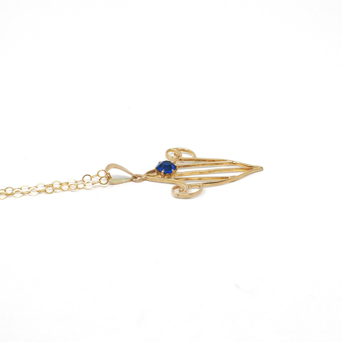 Antique Lavalier Necklace - Edwardian 10k Yellow Gold Blue Glass Stone Pendant - Circa 1910s Era Simulated Sapphire Fine Statement Jewelry