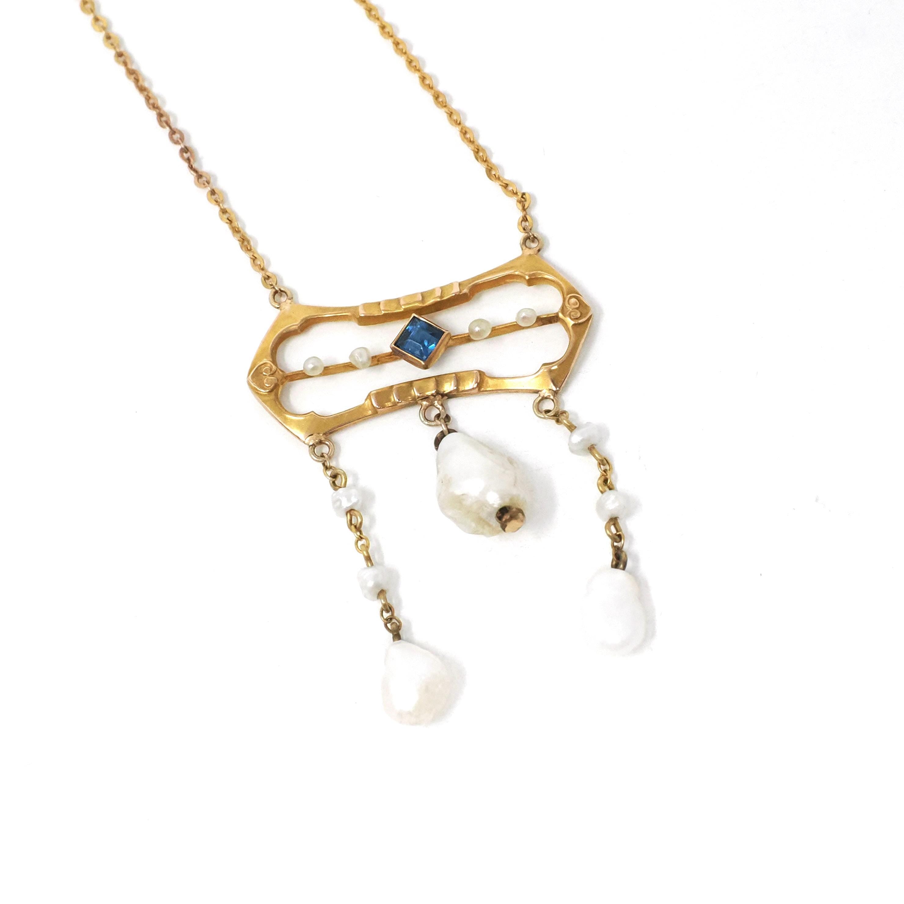 Antique Lavalier Necklace - Edwardian 10k Yellow Gold Baroque Pearl Pendant - Circa 1910s Era Simulated Blue Sapphire Glass Fine Jewelry
