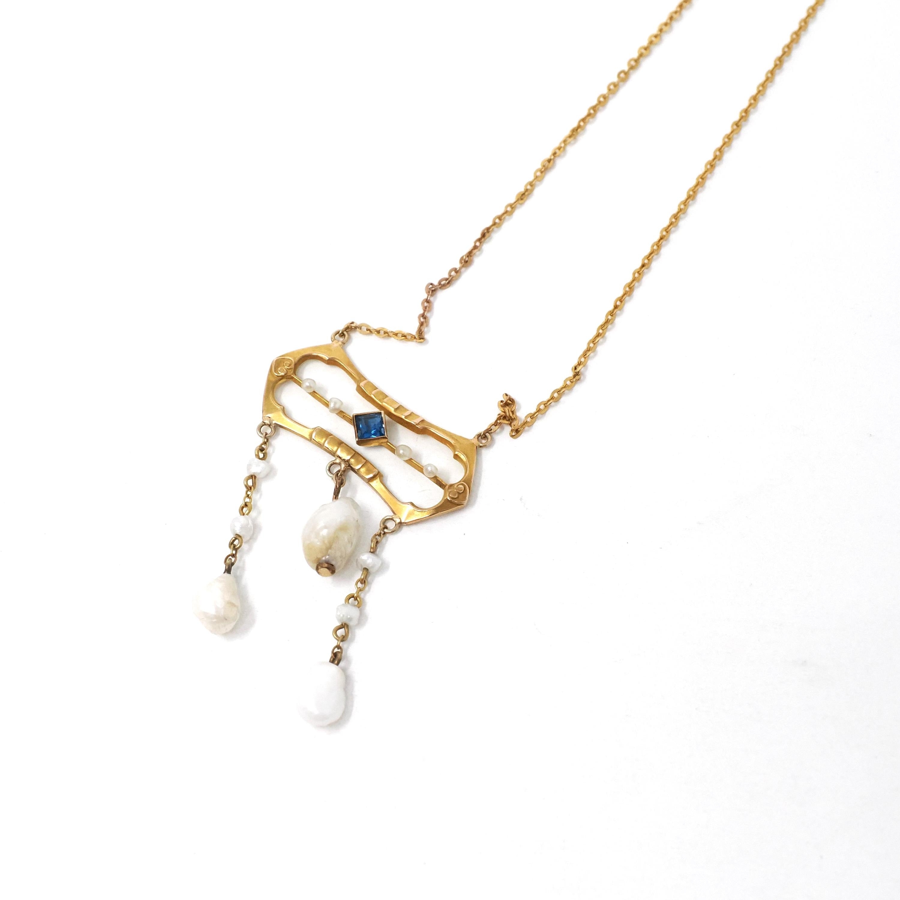 Antique Lavalier Necklace - Edwardian 10k Yellow Gold Baroque Pearl Pendant - Circa 1910s Era Simulated Blue Sapphire Glass Fine Jewelry