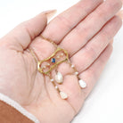 Antique Lavalier Necklace - Edwardian 10k Yellow Gold Baroque Pearl Pendant - Circa 1910s Era Simulated Blue Sapphire Glass Fine Jewelry