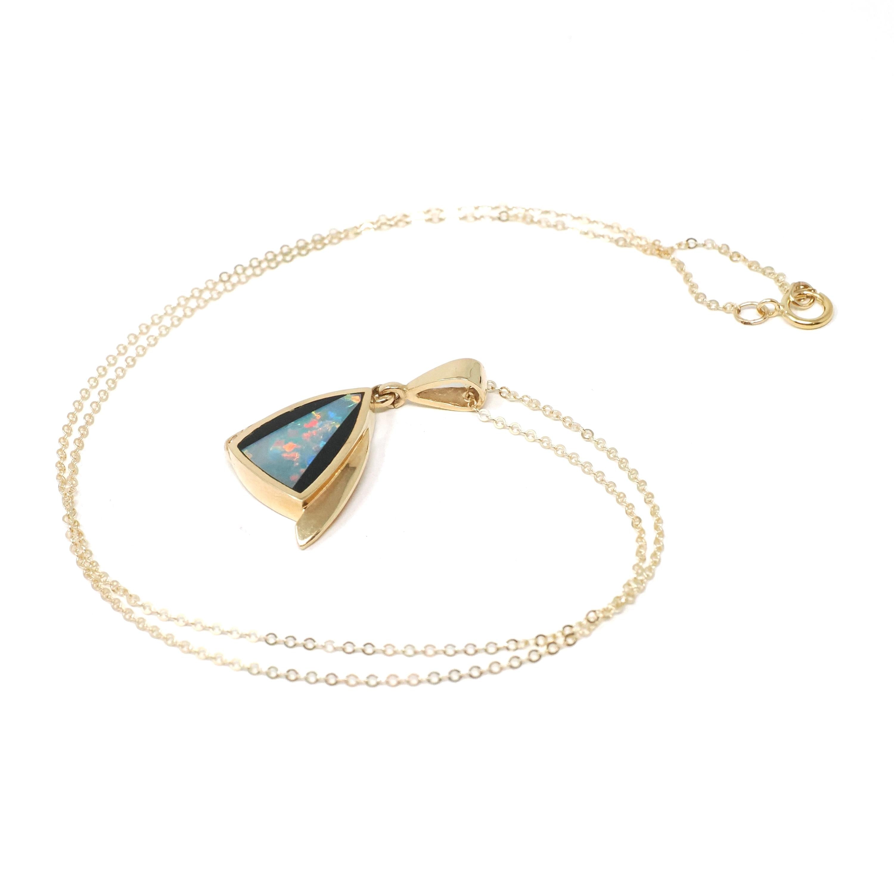 Opal Doublet Pendant Necklace - Modern 14k Yellow Gold Play Of Color Gem Onyx Inlay Diamond Accents - Circa 2000s Era Modernist Fine Jewelry