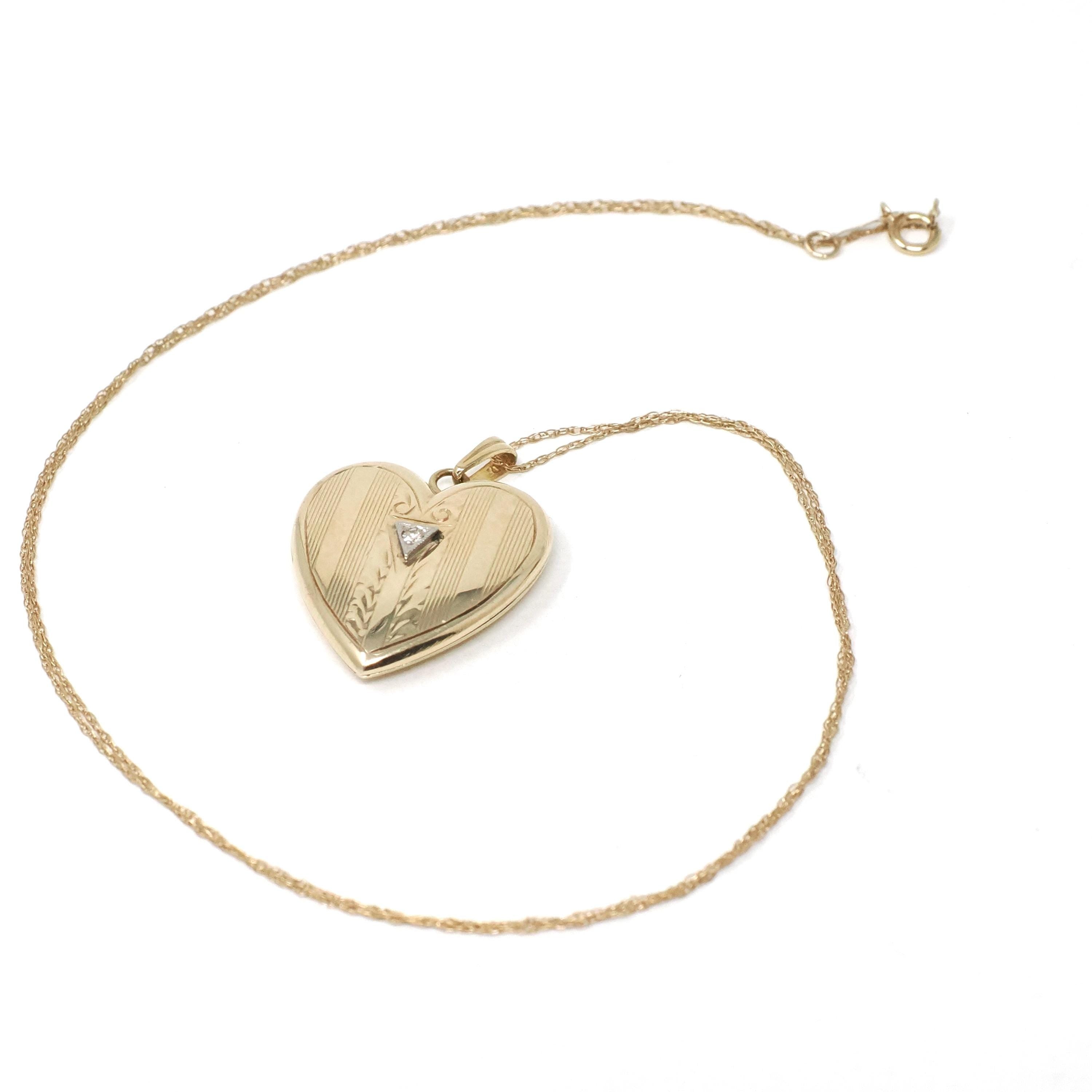 Vintage Heart Locket - Retro 10k Yellow & White Gold Geometric Charm Pendant Necklace - Circa 1940s Era Keepsake Fine Diamond Accent Jewelry