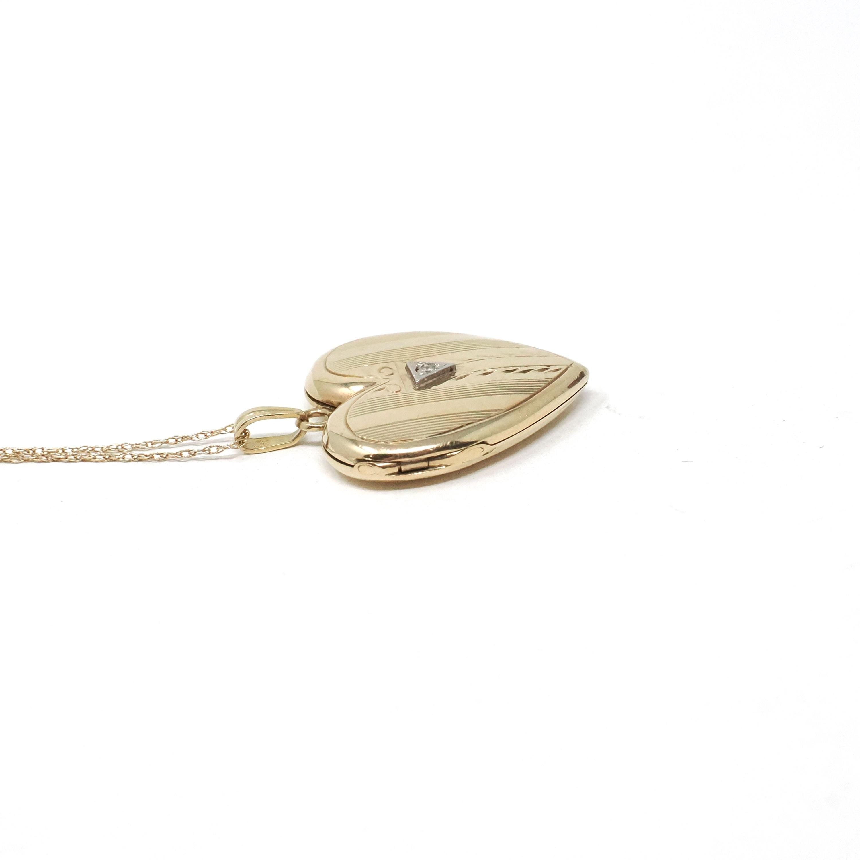 Vintage Heart Locket - Retro 10k Yellow & White Gold Geometric Charm Pendant Necklace - Circa 1940s Era Keepsake Fine Diamond Accent Jewelry
