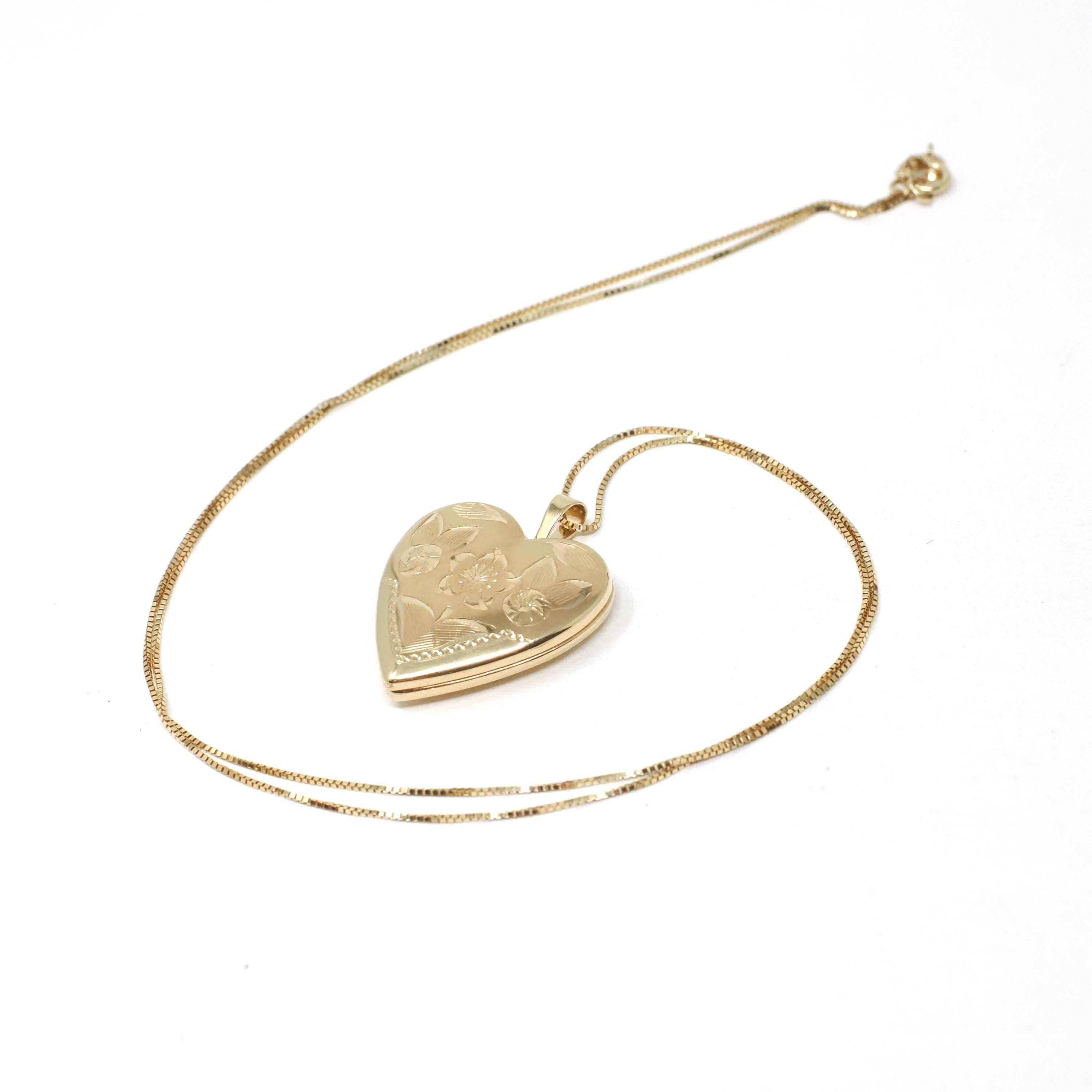 Vintage Heart Locket - Retro 14k Yellow Gold Floral Engraved Charm Pendant Necklace - Circa 1970s Keepsake Fine Photo Memorabilia Jewelry