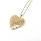 Vintage Heart Locket - Retro 14k Yellow Gold Floral Engraved Charm Pendant Necklace - Circa 1970s Keepsake Fine Photo Memorabilia Jewelry
