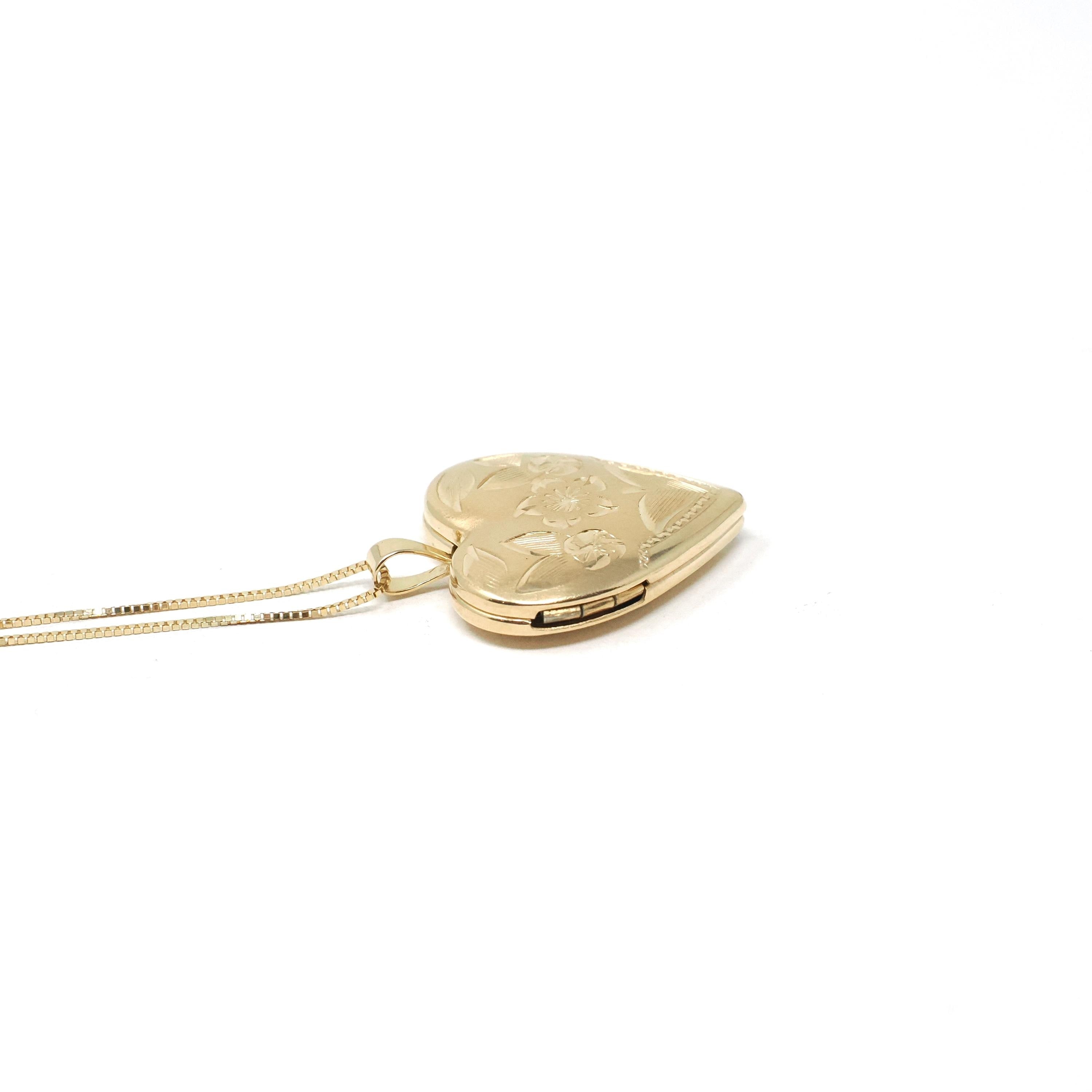 Vintage Heart Locket - Retro 14k Yellow Gold Floral Engraved Charm Pendant Necklace - Circa 1970s Keepsake Fine Photo Memorabilia Jewelry