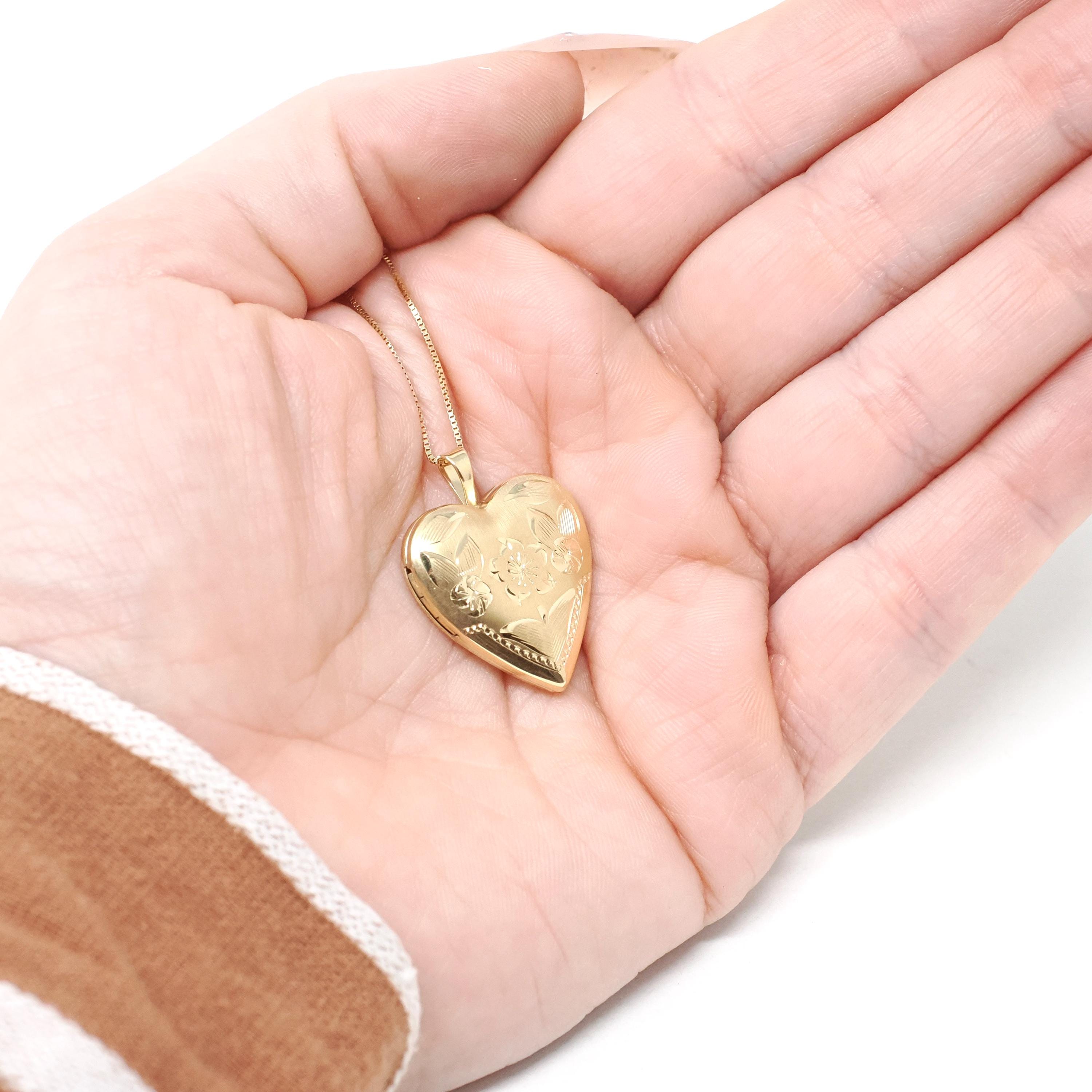 Vintage Heart Locket - Retro 14k Yellow Gold Floral Engraved Charm Pendant Necklace - Circa 1970s Keepsake Fine Photo Memorabilia Jewelry