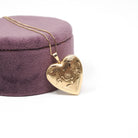 Vintage Heart Locket - Retro 14k Yellow Gold Floral Engraved Charm Pendant Necklace - Circa 1970s Keepsake Fine Photo Memorabilia Jewelry