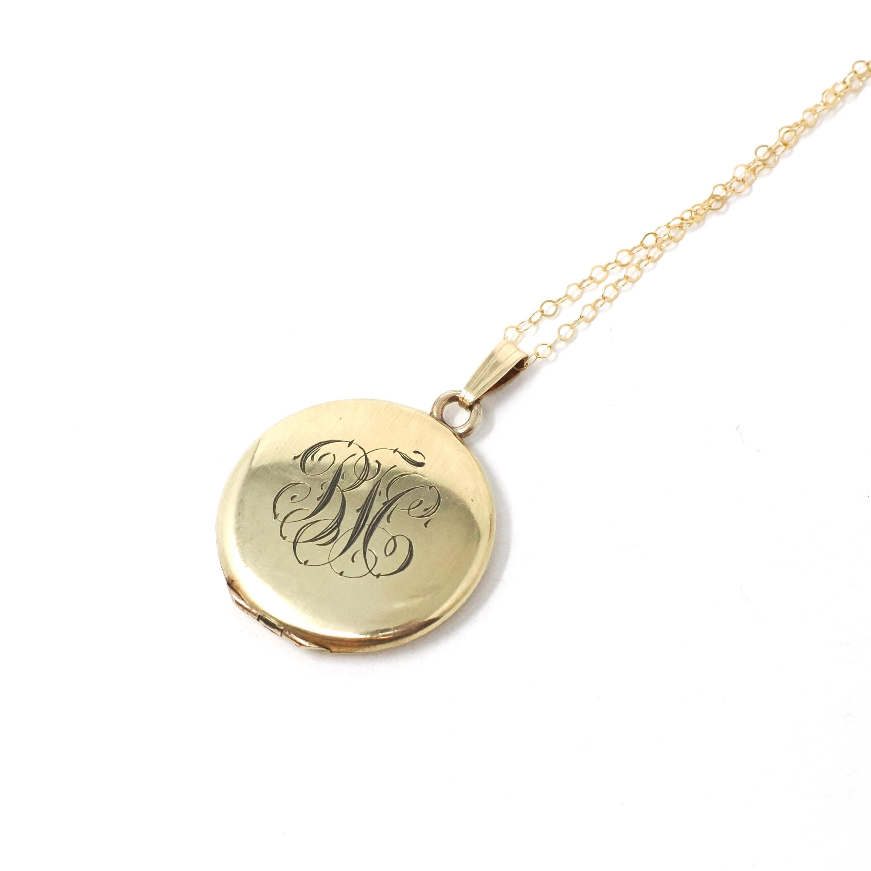 Antique "BJC" Locket - Edwardian Gold Filled Round Engraved Photo Pendant Necklace - Antique 1900s Photograph Monogrammed Keepsake Jewelry