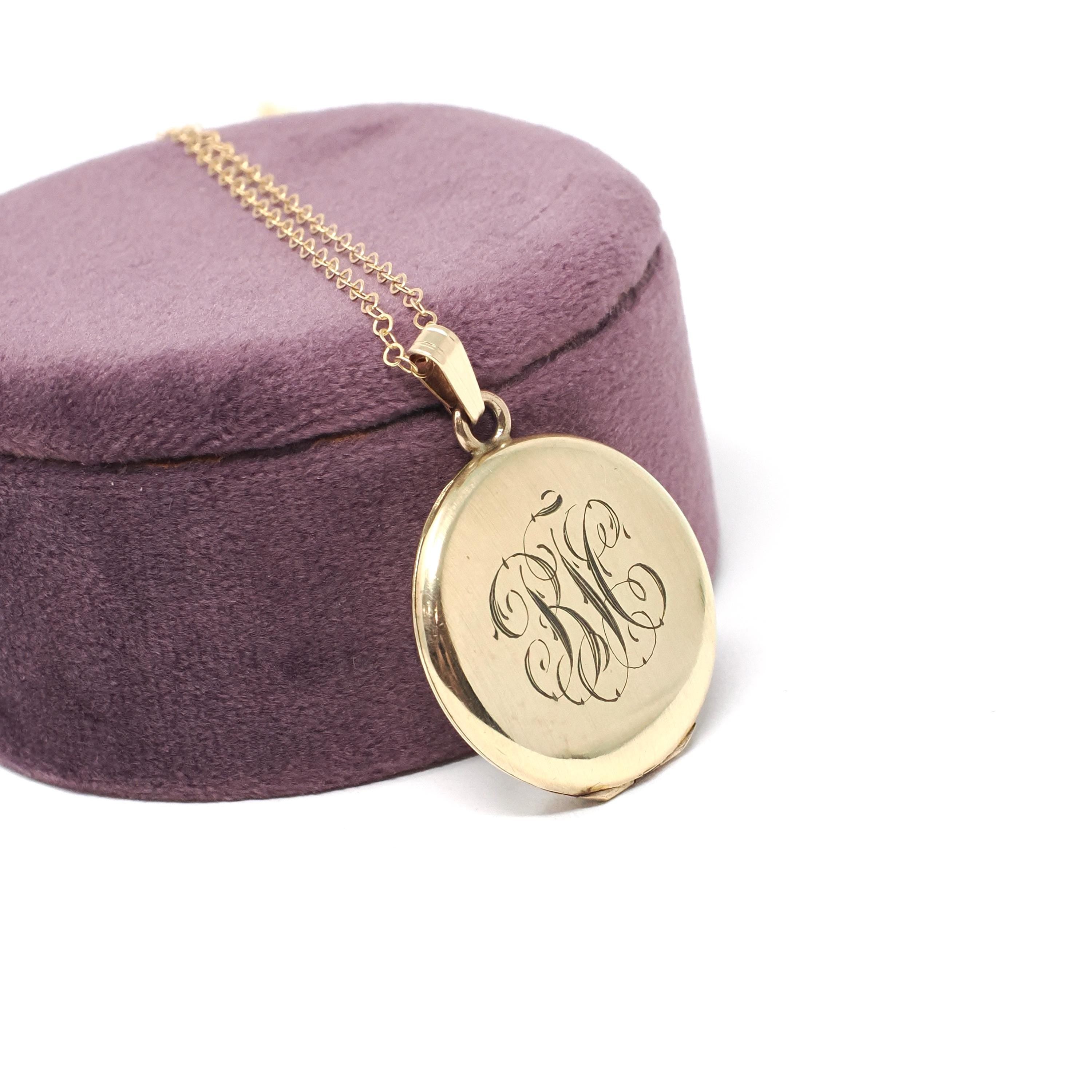 Antique "BJC" Locket - Edwardian Gold Filled Round Engraved Photo Pendant Necklace - Antique 1900s Photograph Monogrammed Keepsake Jewelry