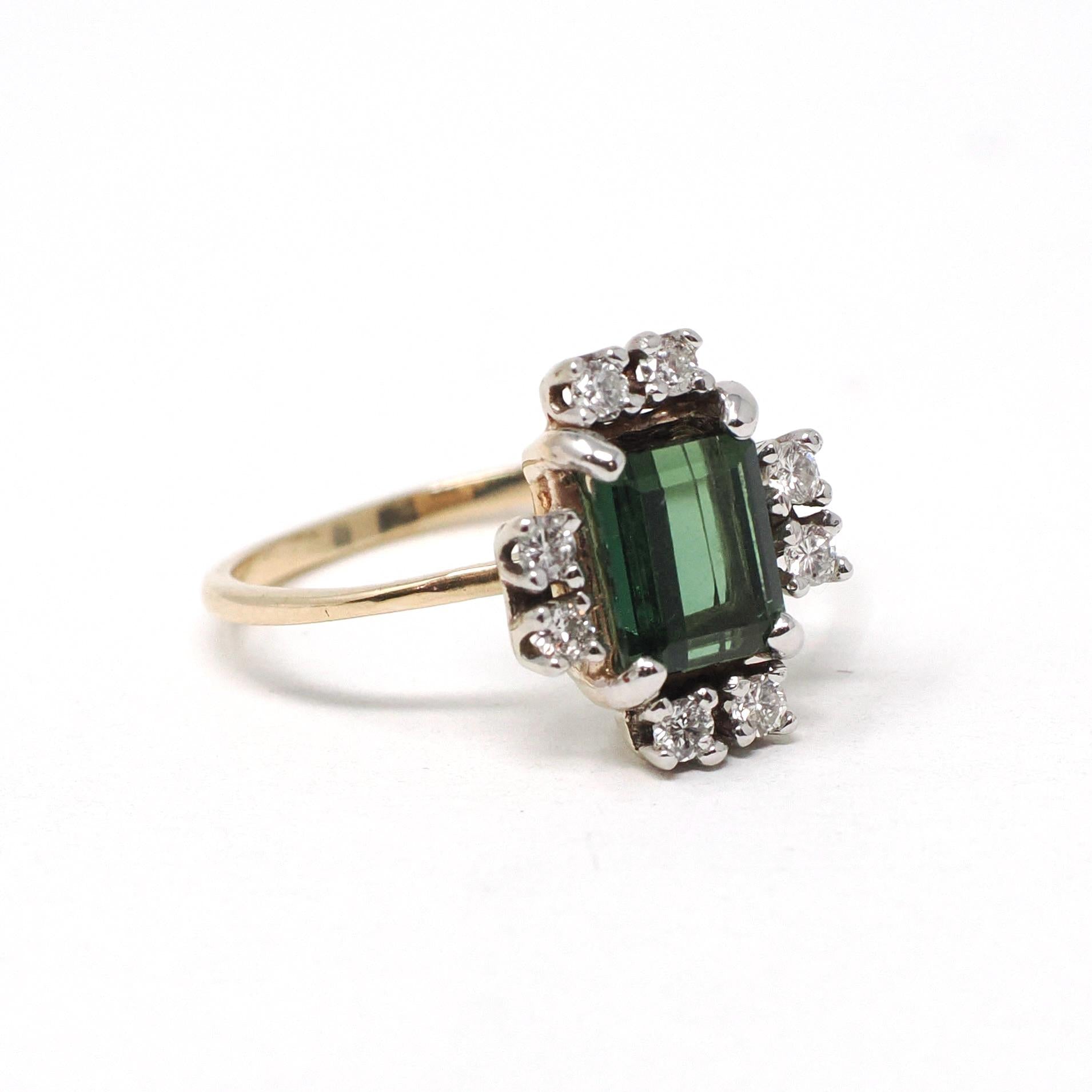 Tourmaline & Diamond Ring - Modern Era 14k Yellow Gold Natural Emerald Cut Green Gem - Estate Size 5 Alternative Engagement Fine Jewelry