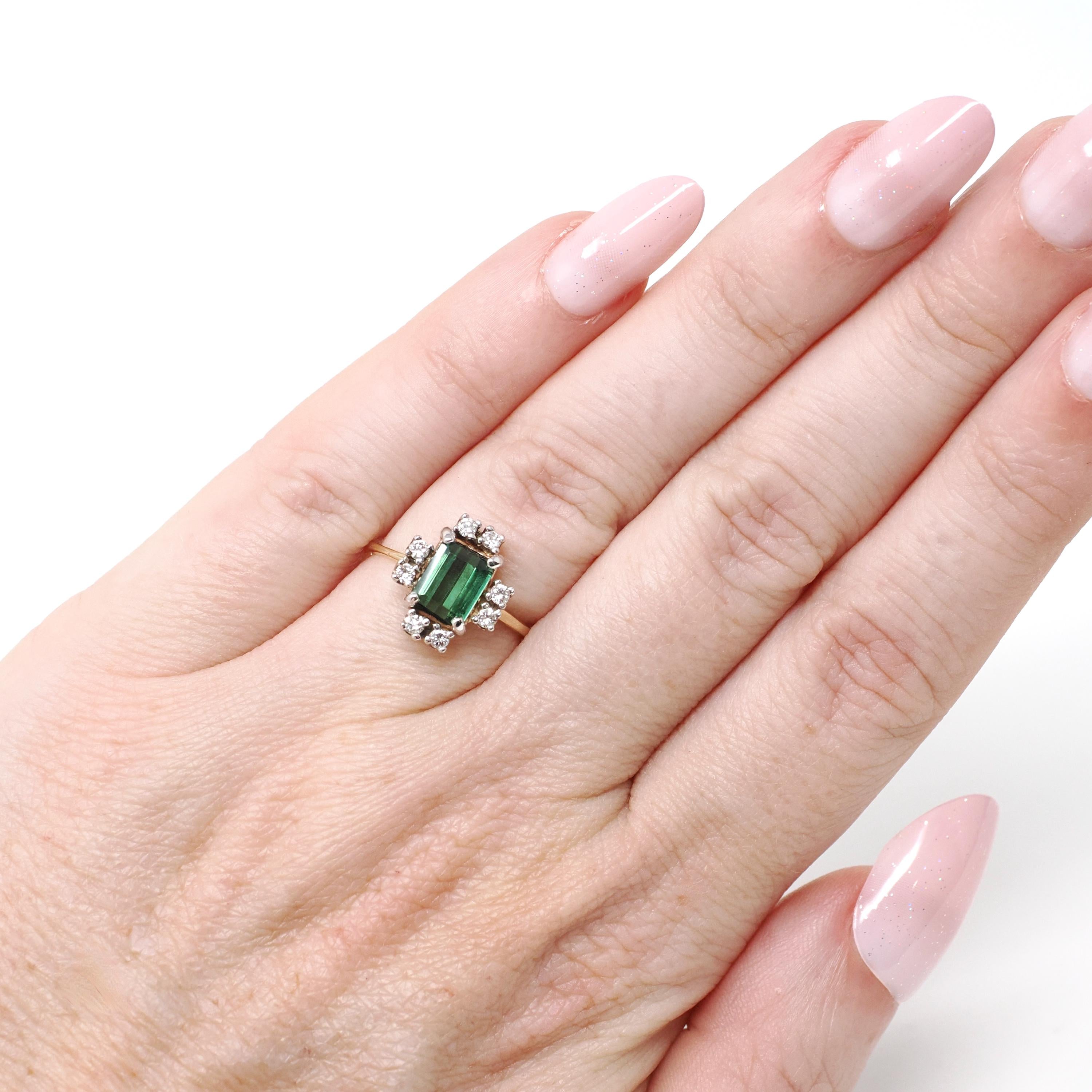 Tourmaline & Diamond Ring - Modern Era 14k Yellow Gold Natural Emerald Cut Green Gem - Estate Size 5 Alternative Engagement Fine Jewelry