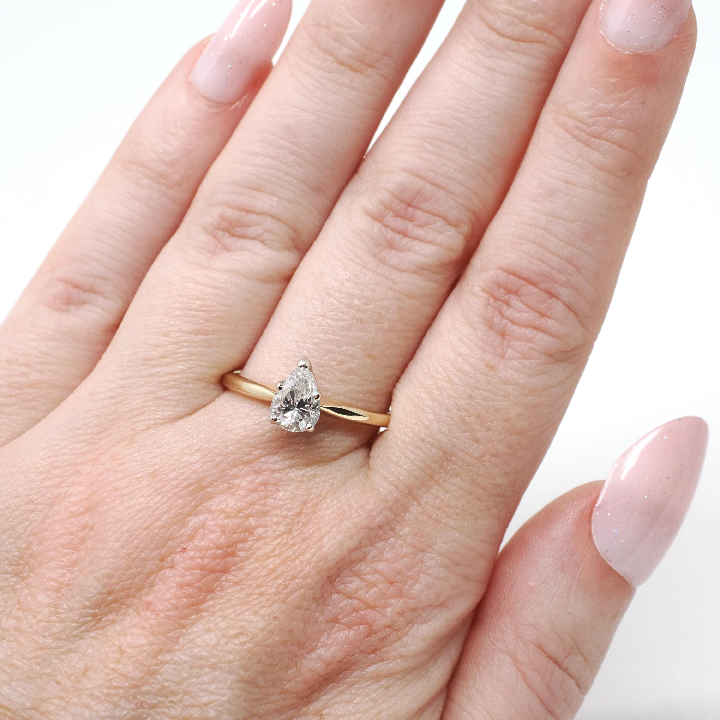 Diamond Engagement Ring - Estate 14k Yellow & White Gold 1.06 CT Pear Brilliant Cut Solitaire - Modern Size 8.5 Fine Two Tone Bridal Jewelry