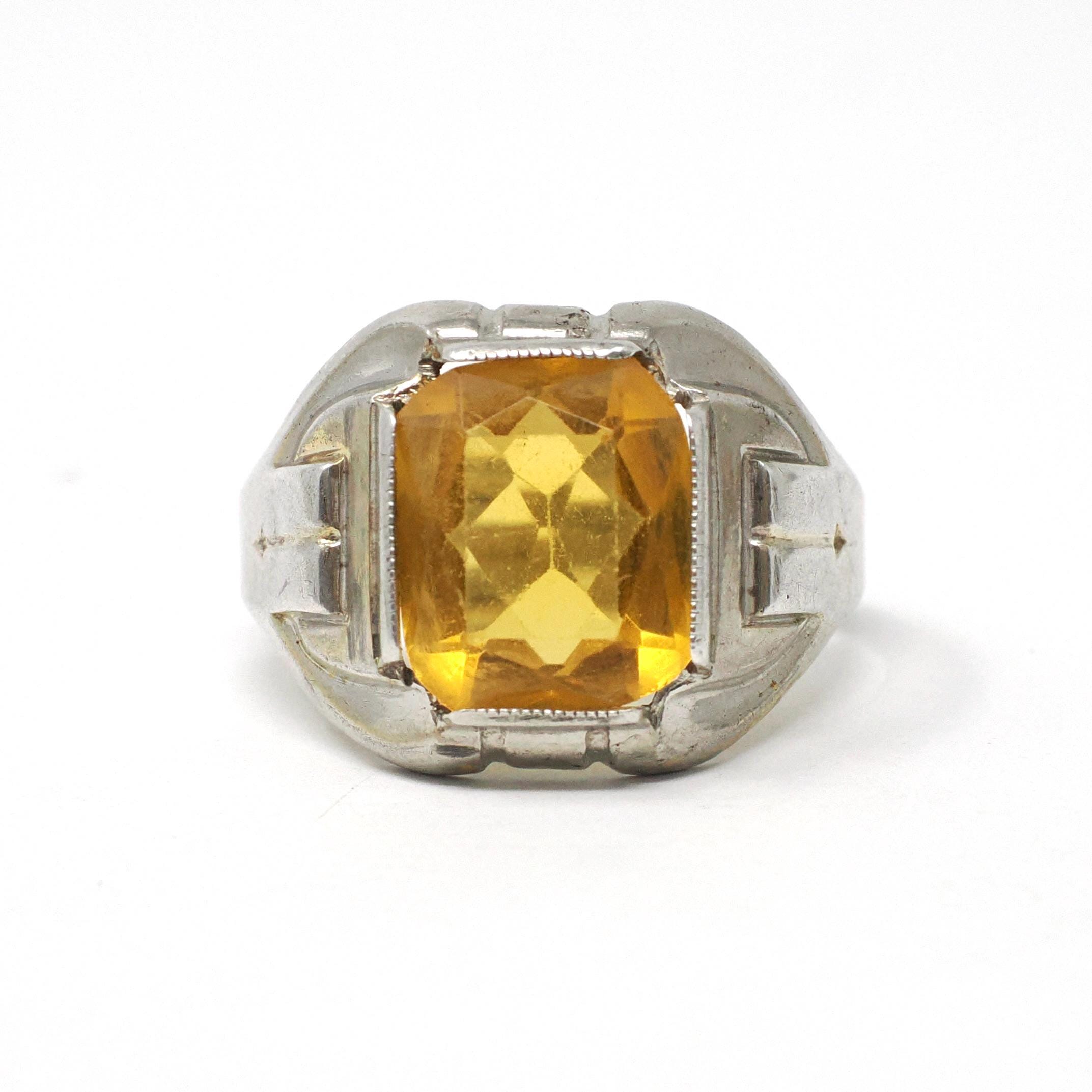 Simulated Yellow Sapphire Ring - Mid Century Sterling Silver Glass Stone Signet - Circa 1940s Era Size 10 1/4 Statement OB Fashion Jewelry