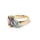 Pink Spinel & Aquamarine Ring - Estate 14k Yellow Gold Gemstone Band - Modern Circa 2000's Era Size 6 1/2 Three Stone Fine Statement Jewelry