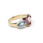 Pink Spinel & Aquamarine Ring - Estate 14k Yellow Gold Gemstone Band - Modern Circa 2000's Era Size 6 1/2 Three Stone Fine Statement Jewelry